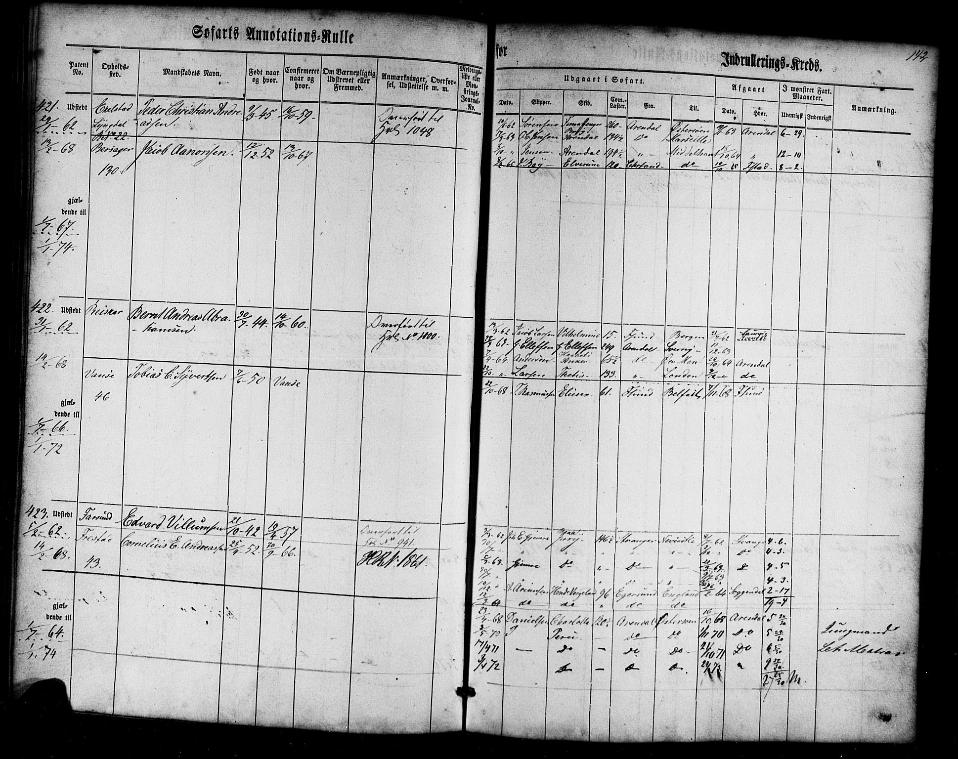 Farsund mønstringskrets, SAK/2031-0017/F/Fa/L0004: Annotasjonsrulle nr 1-795 med register, Z-1, 1860-1865, s. 172