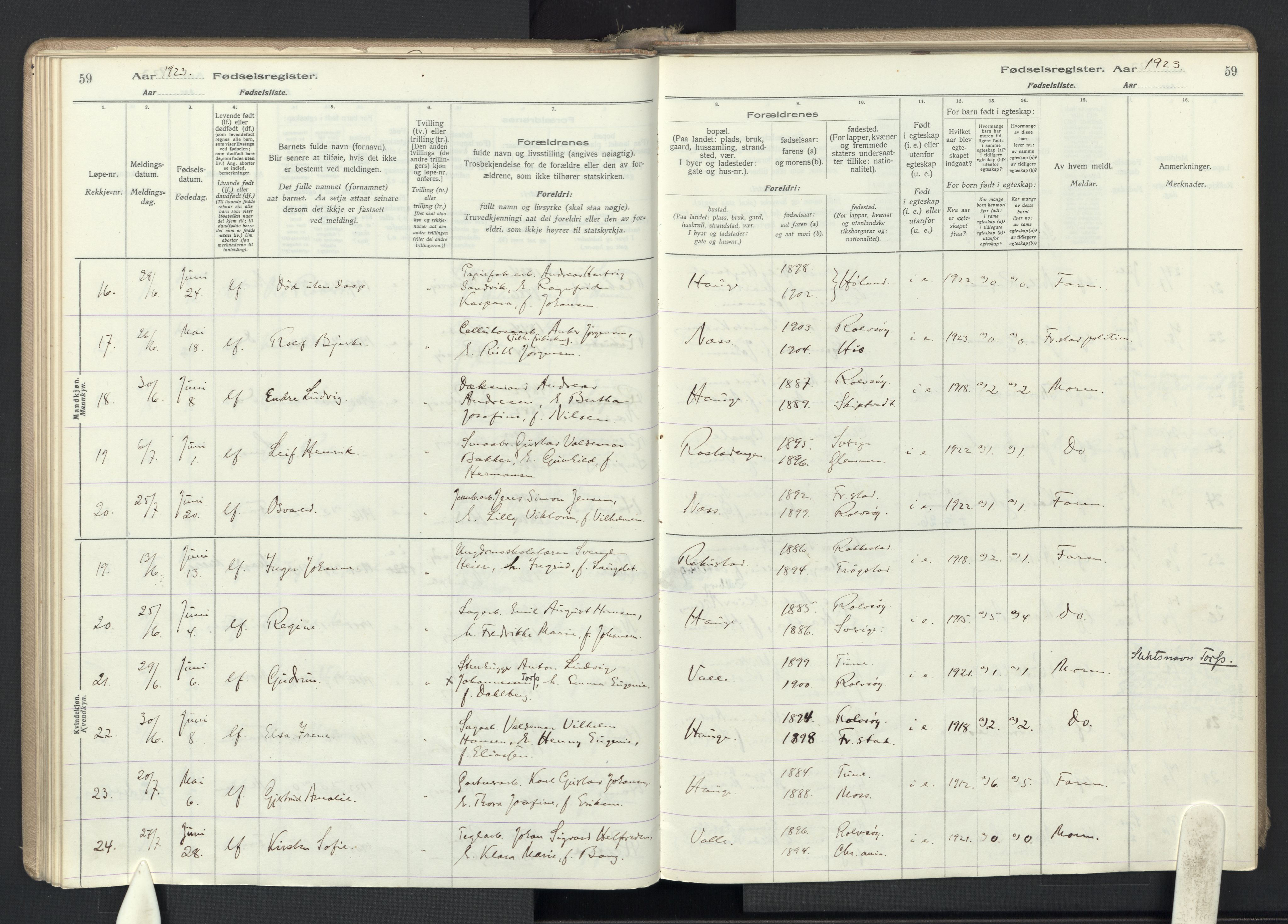 Rolvsøy prestekontor Kirkebøker, AV/SAO-A-2004/J/Ja/L0001: Fødselsregister nr. 1, 1916-1946, s. 59