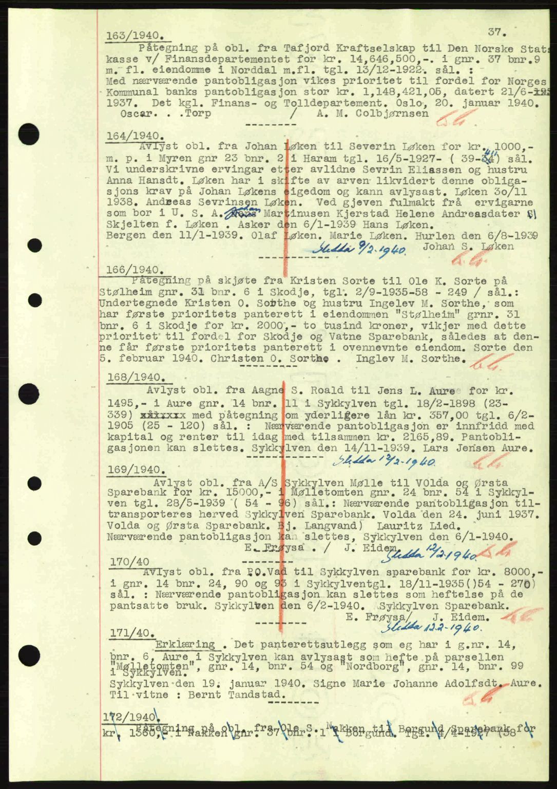 Nordre Sunnmøre sorenskriveri, AV/SAT-A-0006/1/2/2C/2Ca: Pantebok nr. B1-6, 1938-1942, Dagboknr: 163/1940