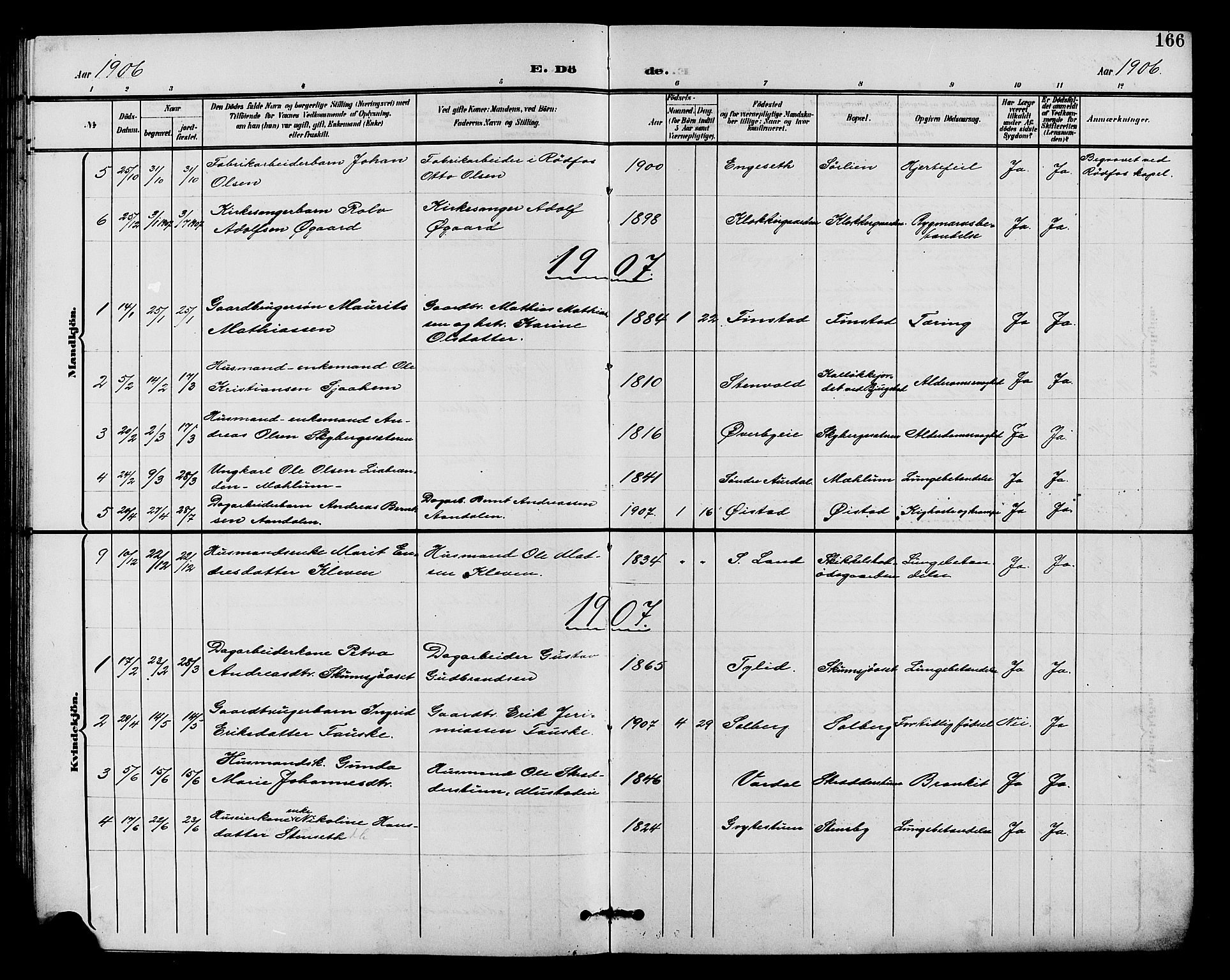 Vardal prestekontor, SAH/PREST-100/H/Ha/Hab/L0011: Klokkerbok nr. 11, 1899-1913, s. 166