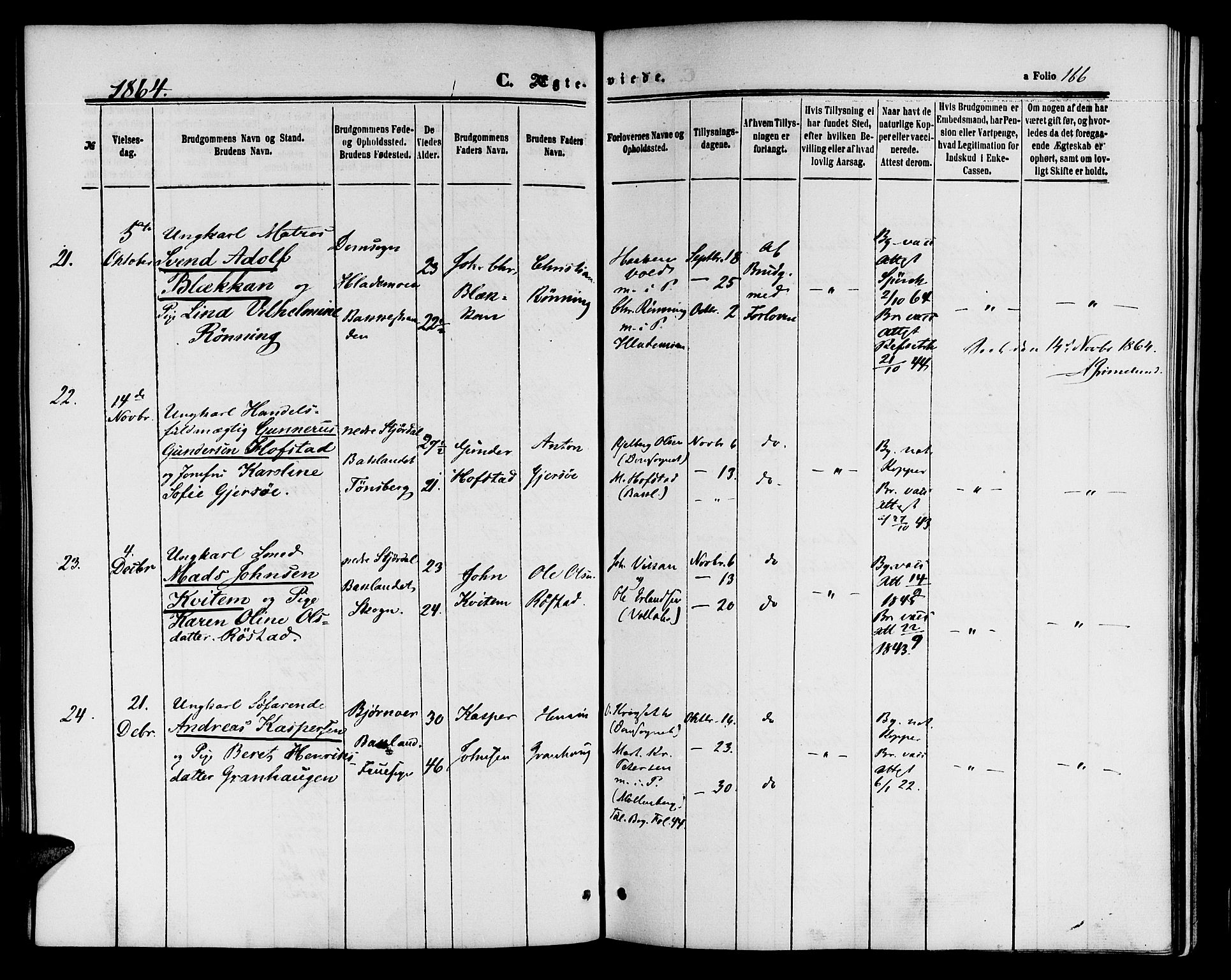 Ministerialprotokoller, klokkerbøker og fødselsregistre - Sør-Trøndelag, SAT/A-1456/604/L0185: Ministerialbok nr. 604A06, 1861-1865, s. 166