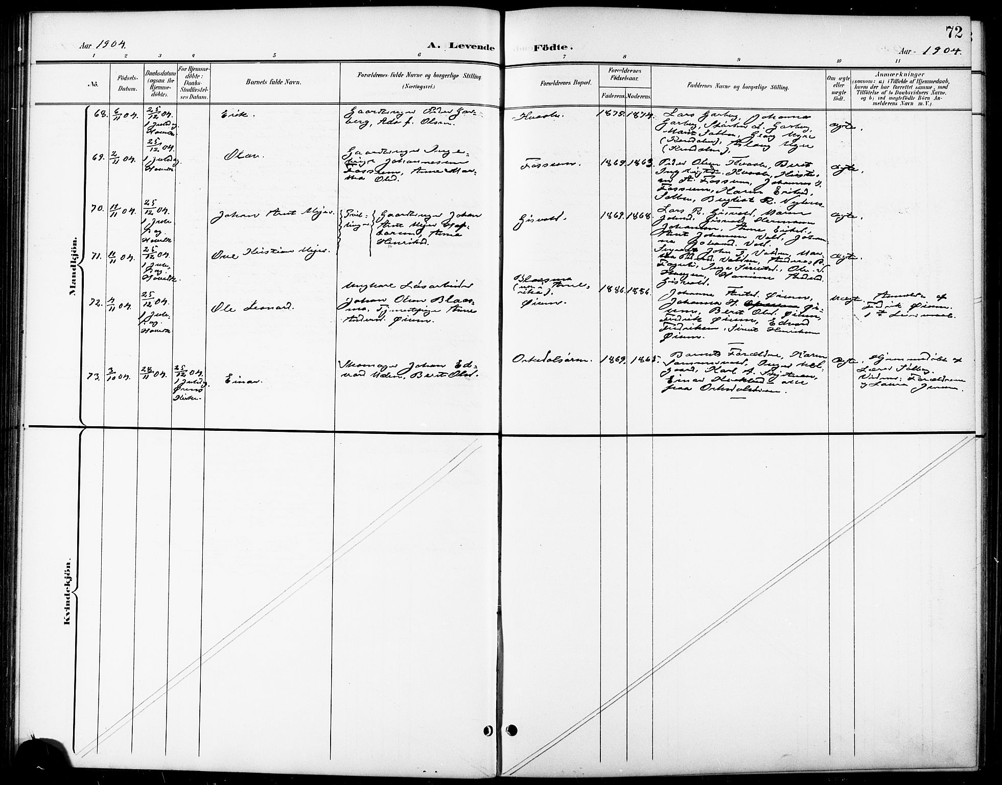 Ministerialprotokoller, klokkerbøker og fødselsregistre - Sør-Trøndelag, SAT/A-1456/668/L0819: Klokkerbok nr. 668C08, 1899-1912, s. 72