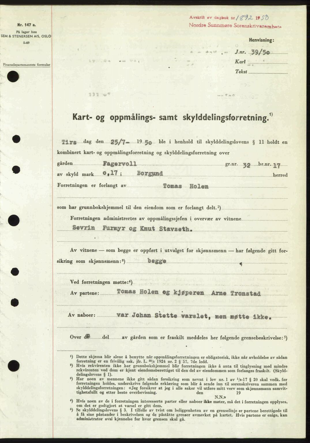 Nordre Sunnmøre sorenskriveri, SAT/A-0006/1/2/2C/2Ca: Pantebok nr. A35, 1950-1950, Dagboknr: 1892/1950