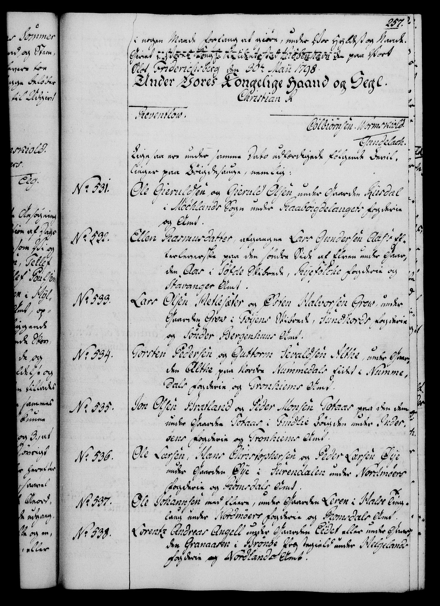 Rentekammeret, Kammerkanselliet, AV/RA-EA-3111/G/Gg/Gga/L0016: Norsk ekspedisjonsprotokoll med register (merket RK 53.16), 1794-1800, s. 257