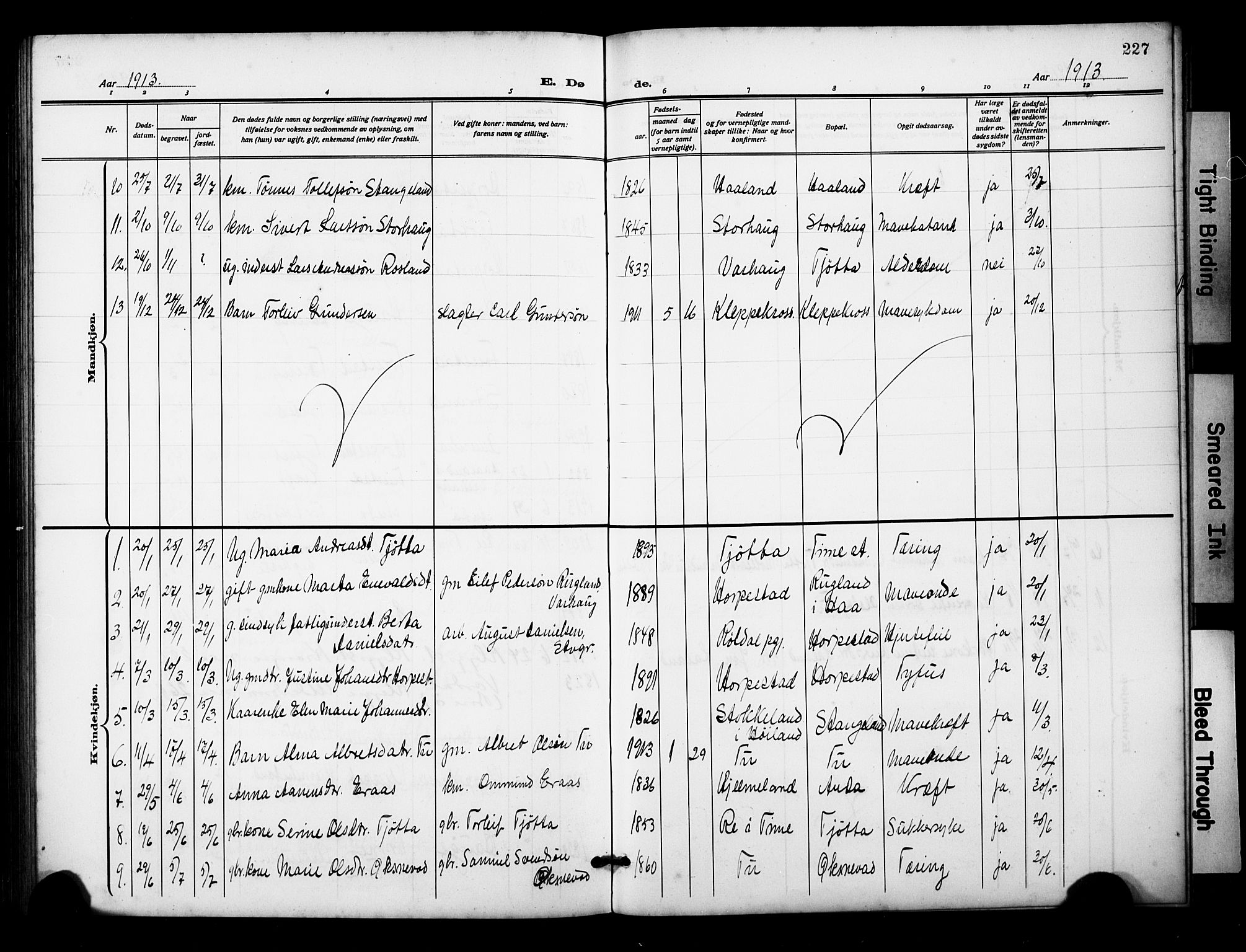 Klepp sokneprestkontor, AV/SAST-A-101803/001/3/30BB/L0007: Klokkerbok nr. B 7, 1908-1934, s. 227