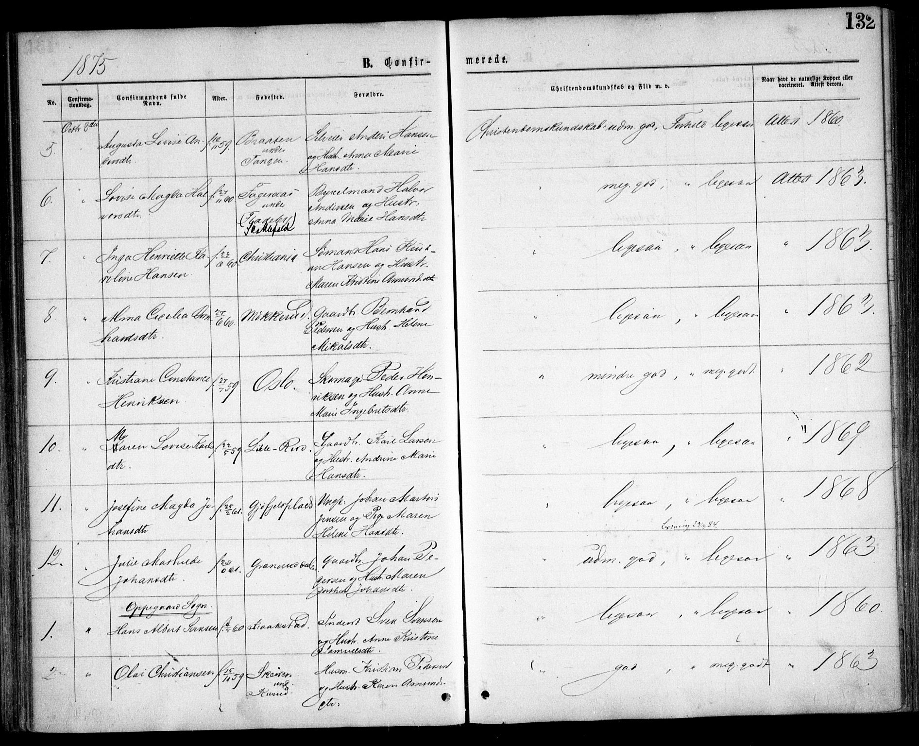 Nesodden prestekontor Kirkebøker, AV/SAO-A-10013/F/Fa/L0008: Ministerialbok nr. I 8, 1869-1879, s. 132