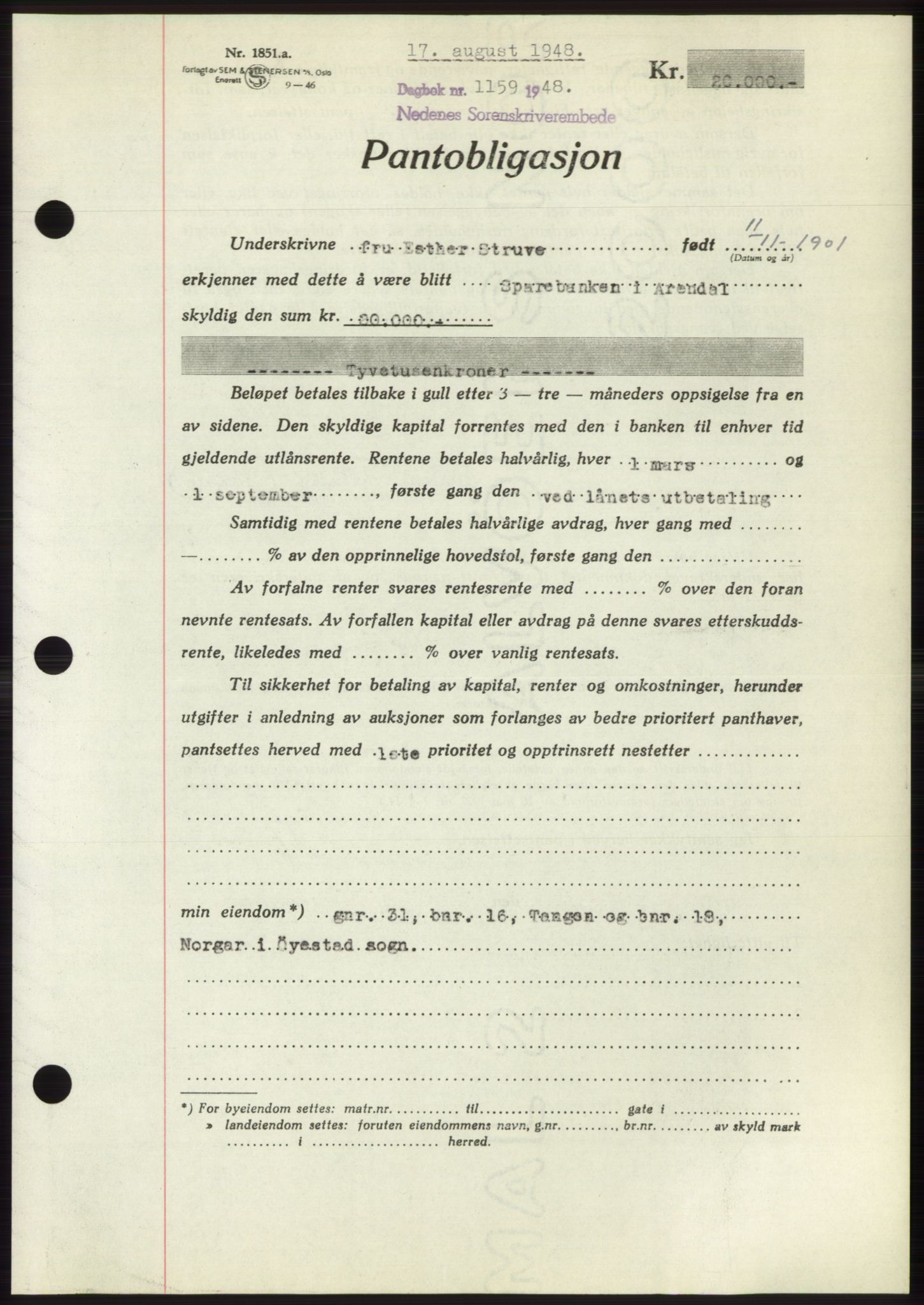Nedenes sorenskriveri, AV/SAK-1221-0006/G/Gb/Gbb/L0005: Pantebok nr. B5, 1948-1948, Dagboknr: 1159/1948