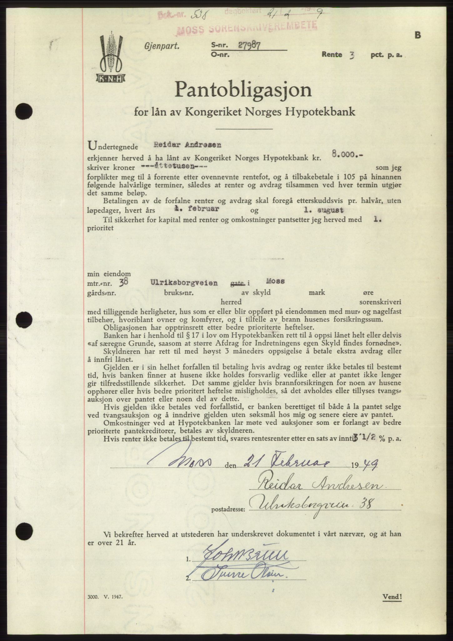 Moss sorenskriveri, SAO/A-10168: Pantebok nr. B21, 1949-1949, Dagboknr: 538/1949