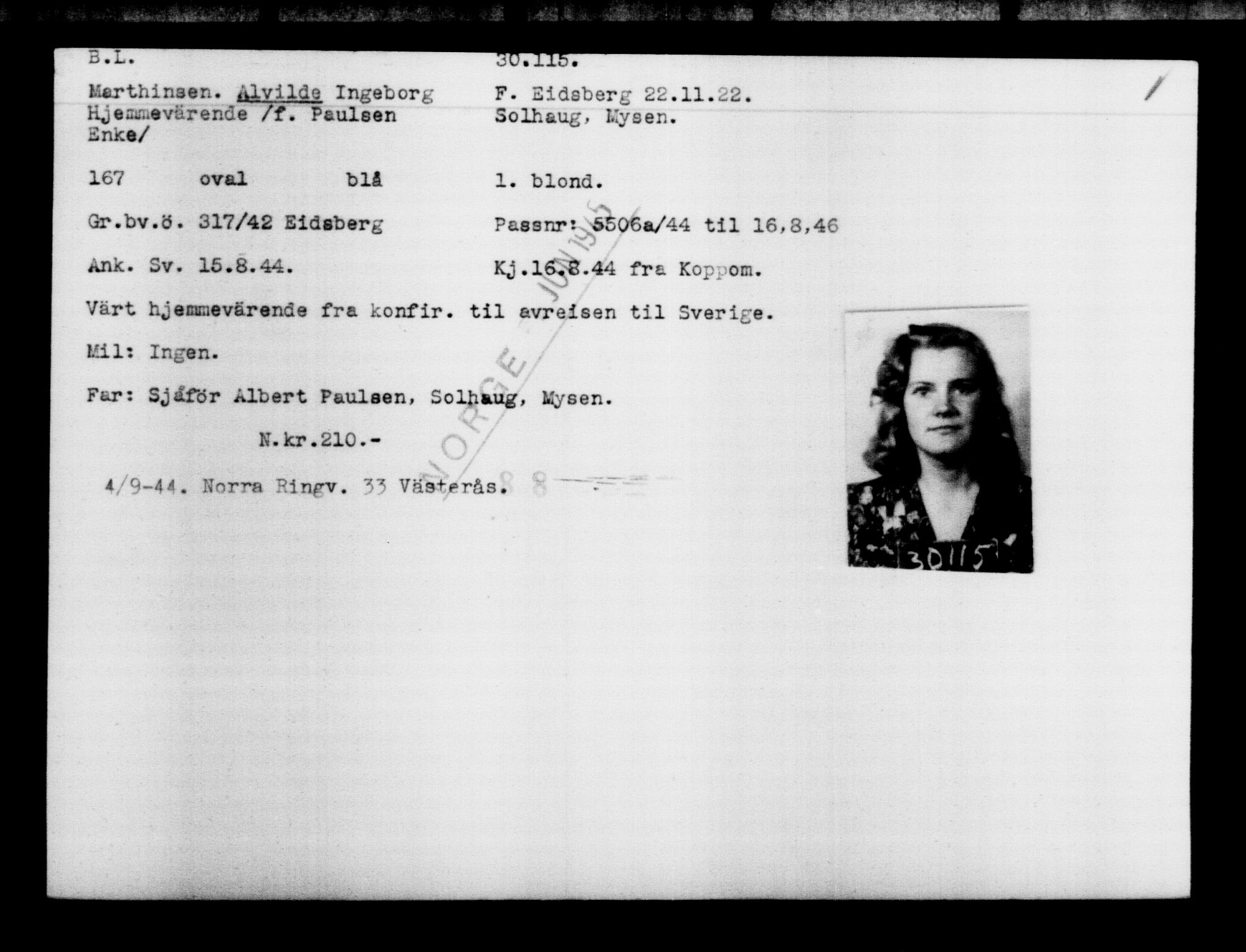 Utenriksstasjonene, Legasjonen i Stockholm, Flyktningkontoret, AV/RA-S-6753/V/Va/L0012: Kjesäterkartoteket, flyktninger med registreringsnr. 28300-31566, 1940-1945, s. 1999