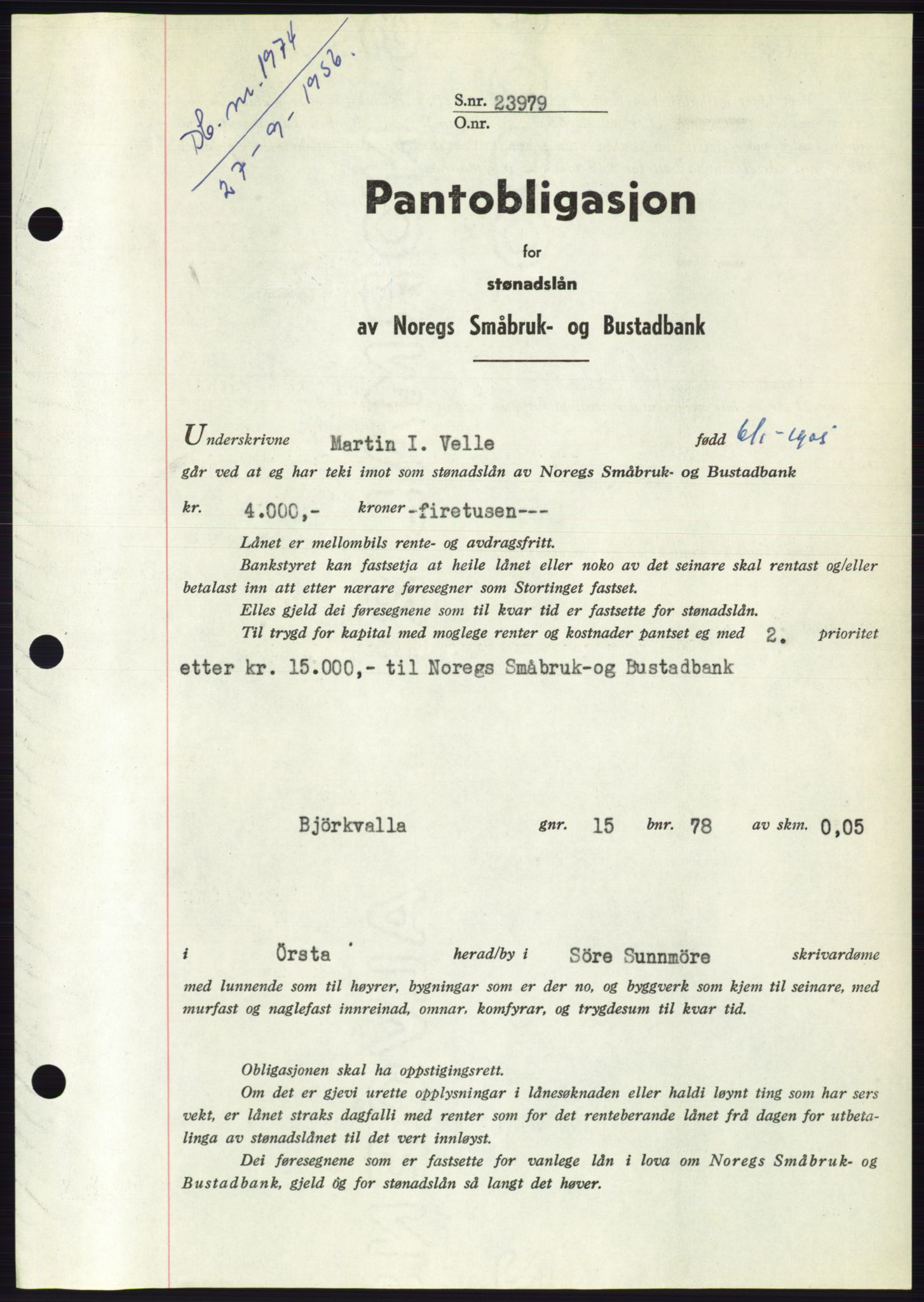 Søre Sunnmøre sorenskriveri, SAT/A-4122/1/2/2C/L0128: Pantebok nr. 16B, 1956-1956, Dagboknr: 1974/1956