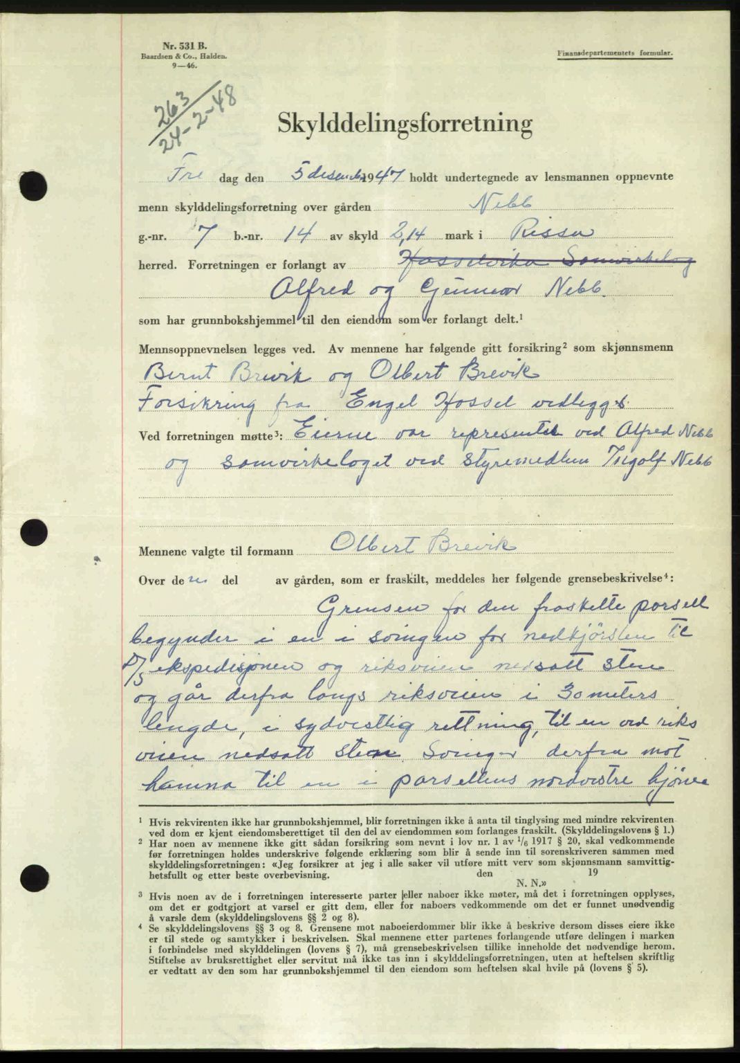 Fosen sorenskriveri, AV/SAT-A-1107/1/2/2C: Pantebok nr. A7-9, 1947-1949, Dagboknr: 263/1948