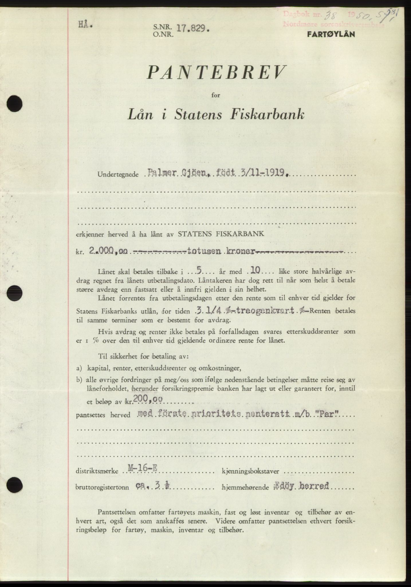 Nordmøre sorenskriveri, SAT/A-4132/1/2/2Ca: Pantebok nr. B103, 1949-1950, Dagboknr: 38/1950