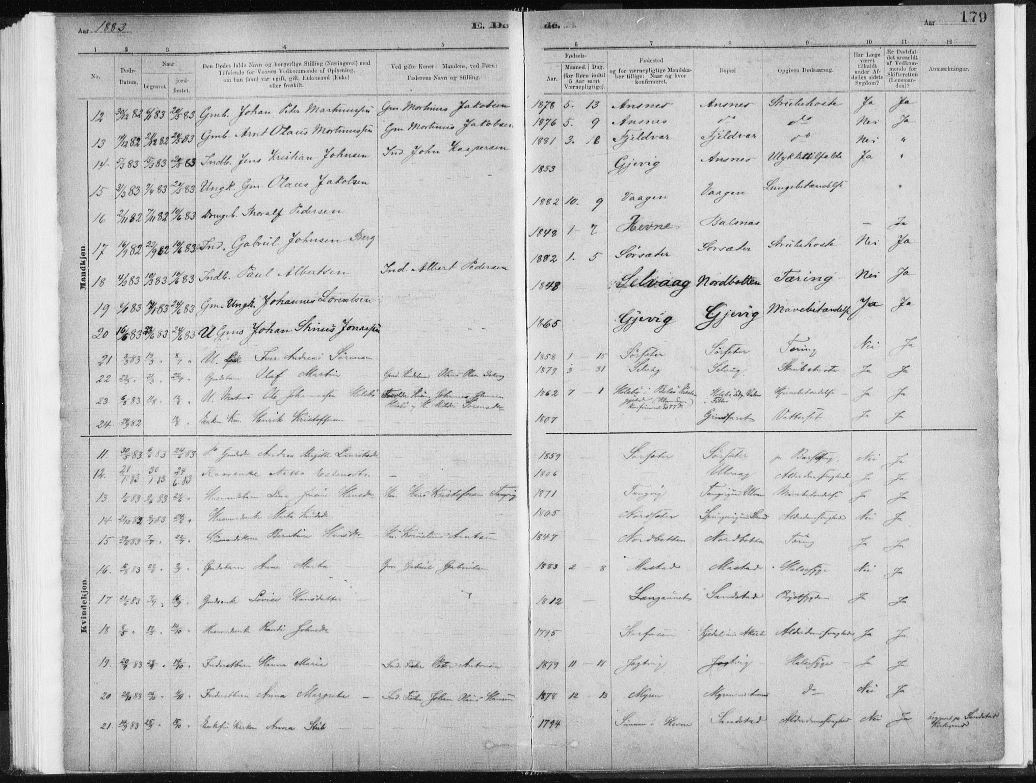 Ministerialprotokoller, klokkerbøker og fødselsregistre - Sør-Trøndelag, SAT/A-1456/637/L0558: Ministerialbok nr. 637A01, 1882-1899, s. 179