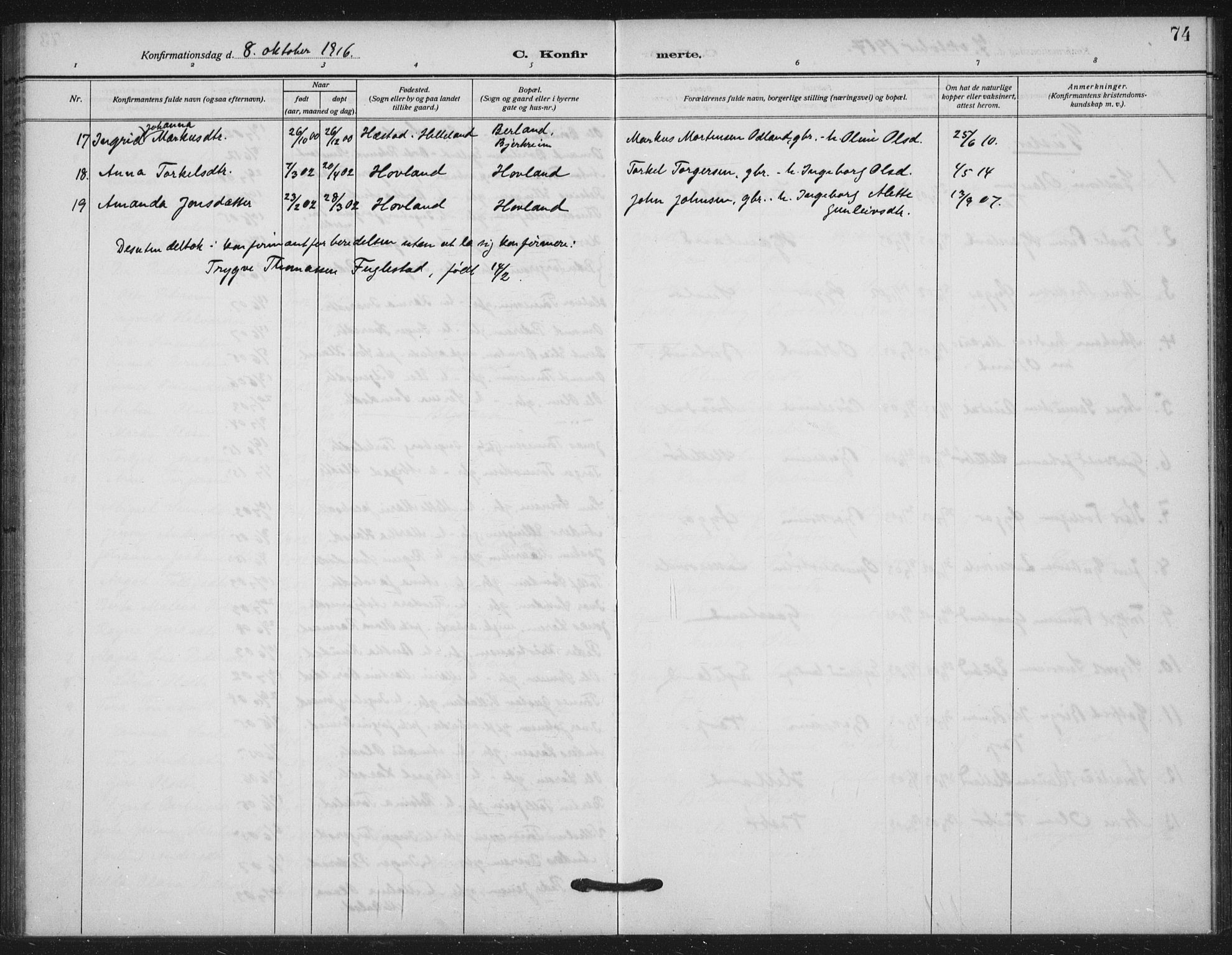 Helleland sokneprestkontor, SAST/A-101810: Ministerialbok nr. A 11, 1909-1922, s. 74