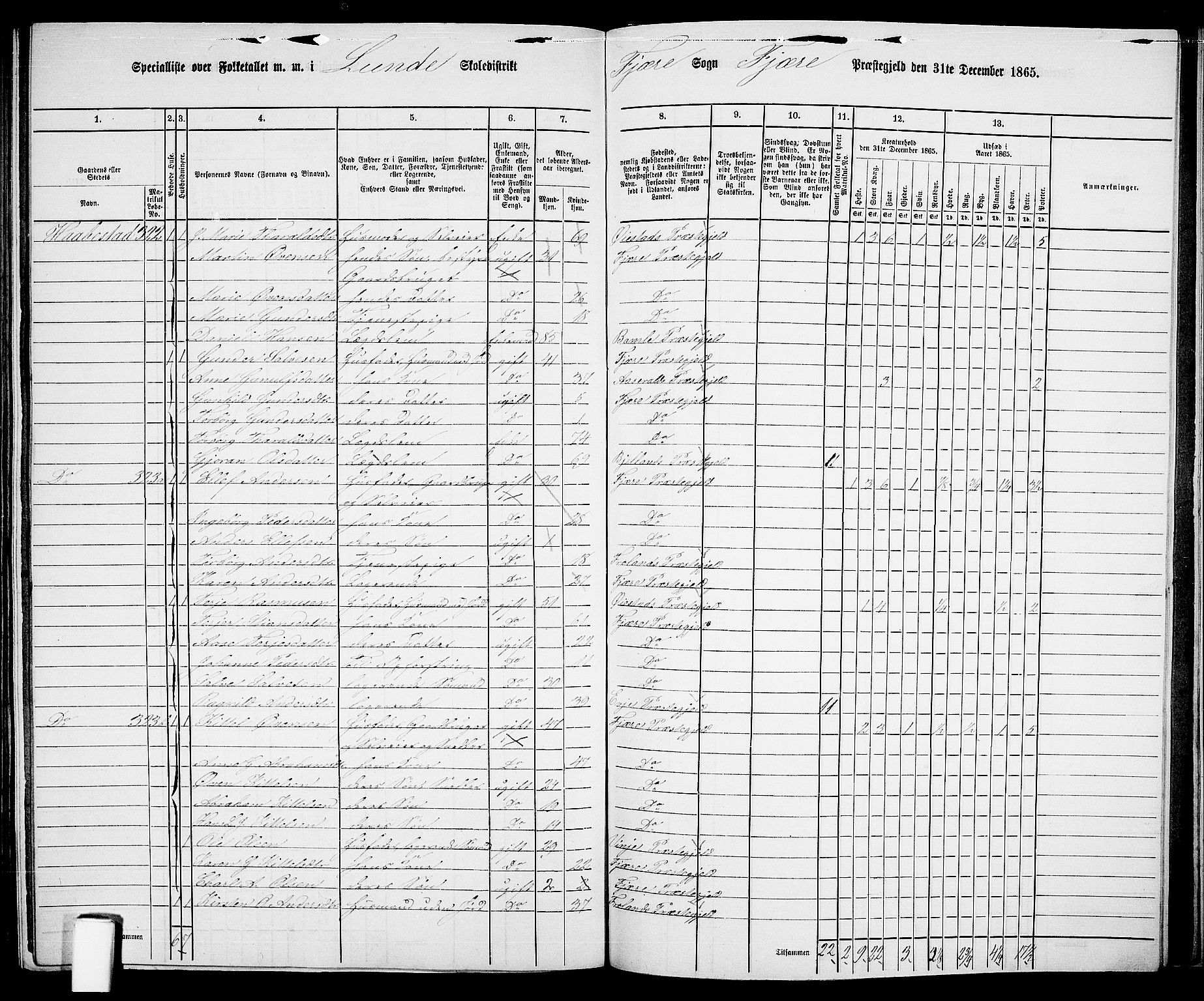 RA, Folketelling 1865 for 0923L Fjære prestegjeld, Fjære sokn, 1865, s. 160