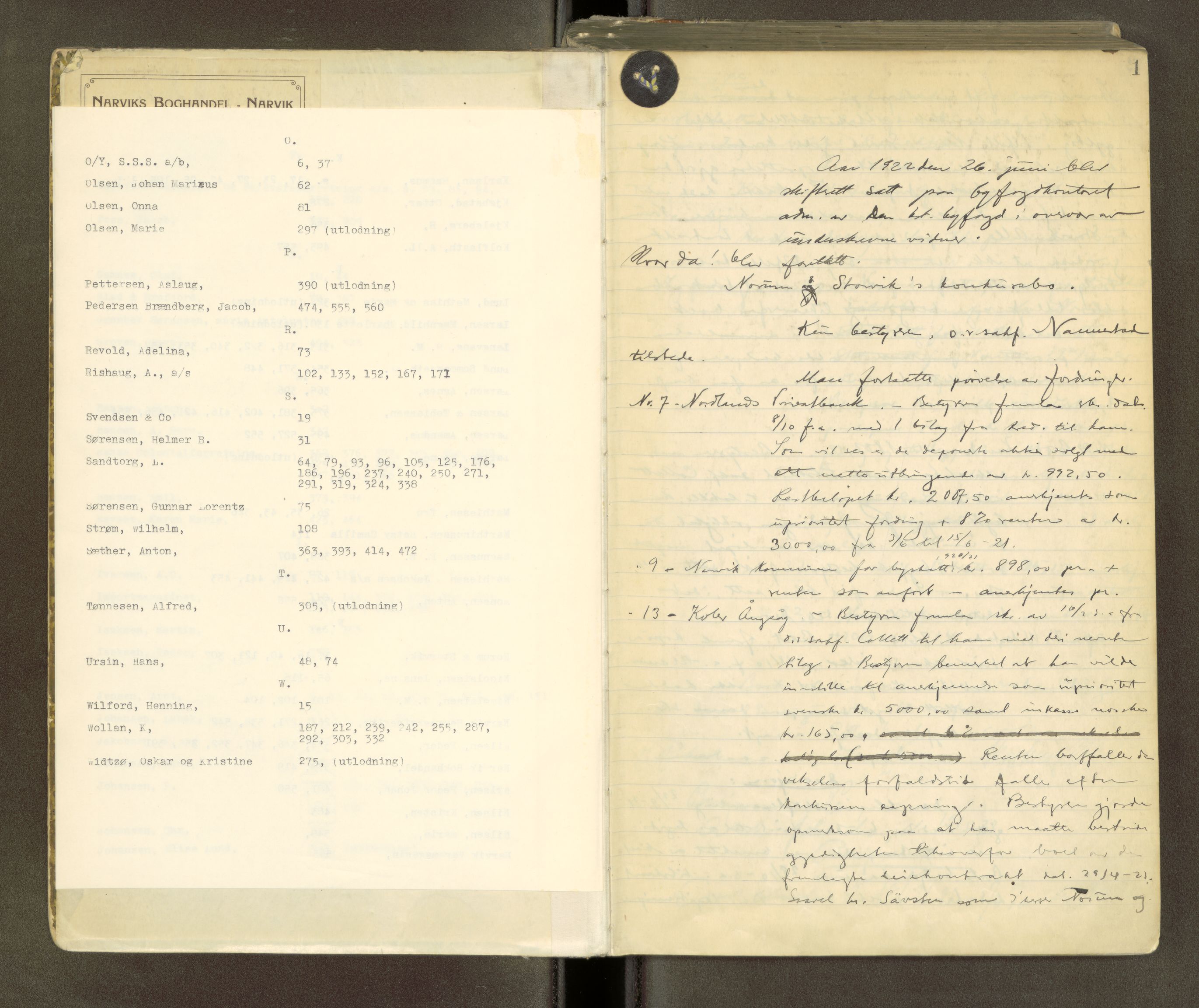 Narvik sorenskriveri, AV/SAT-A-0002/1/3/3B/L0002: Skiftebehandlingsprotokoll, 1922-1926, s. 1