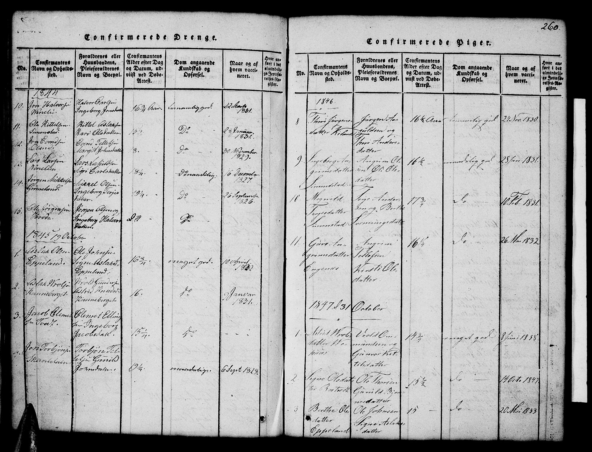 Åmli sokneprestkontor, SAK/1111-0050/F/Fb/Fbc/L0001: Klokkerbok nr. B 1, 1816-1867, s. 260