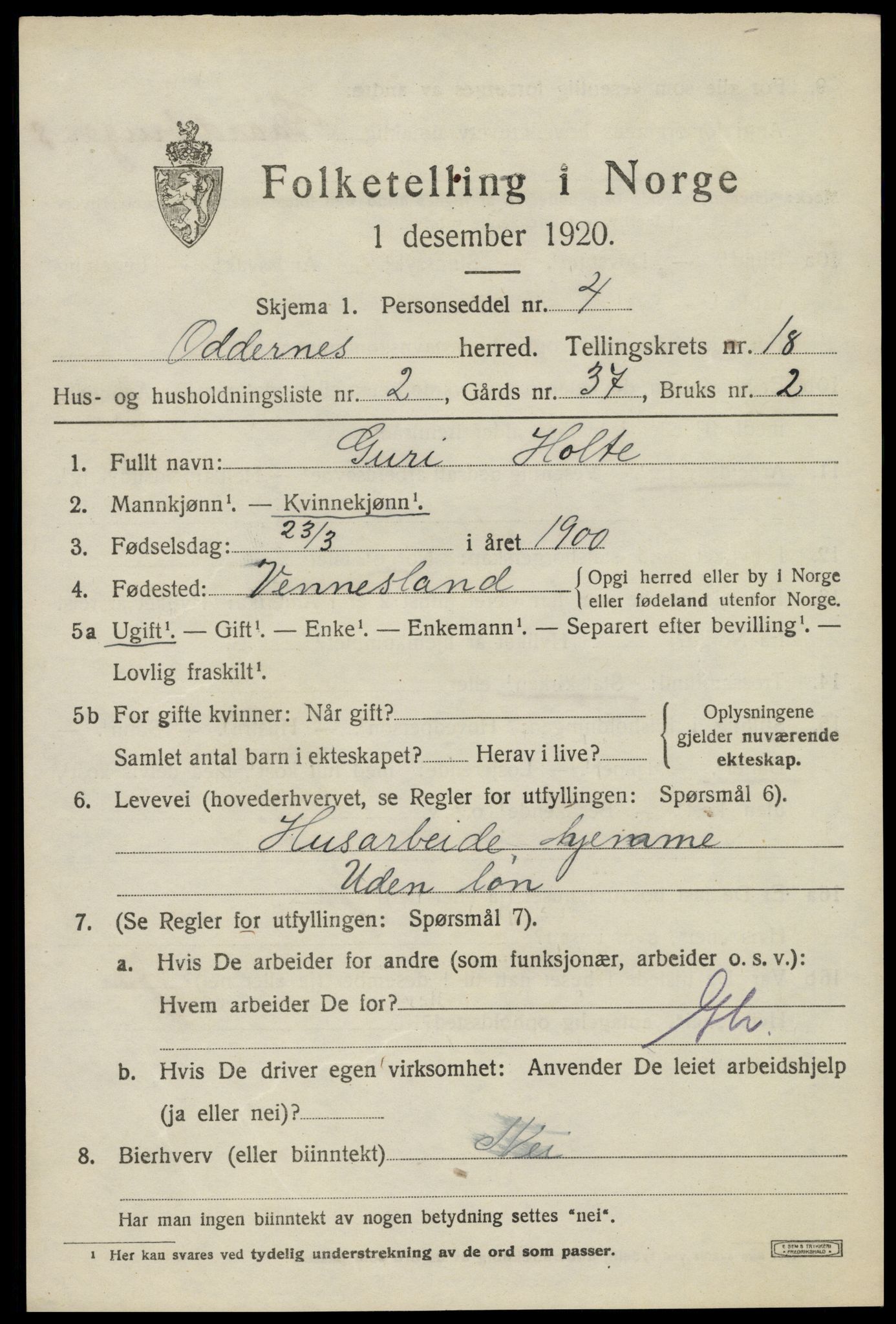 SAK, Folketelling 1920 for 1012 Oddernes herred, 1920, s. 13379