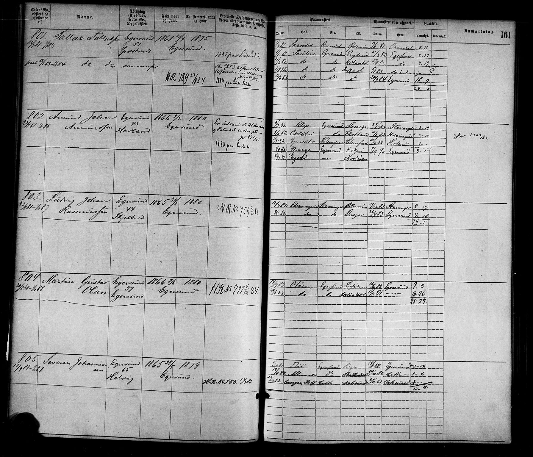 Egersund mønstringskrets, SAK/2031-0019/F/Fa/L0001: Annotasjonsrulle nr 1-1440 med register, O-1, 1869-1895, s. 181