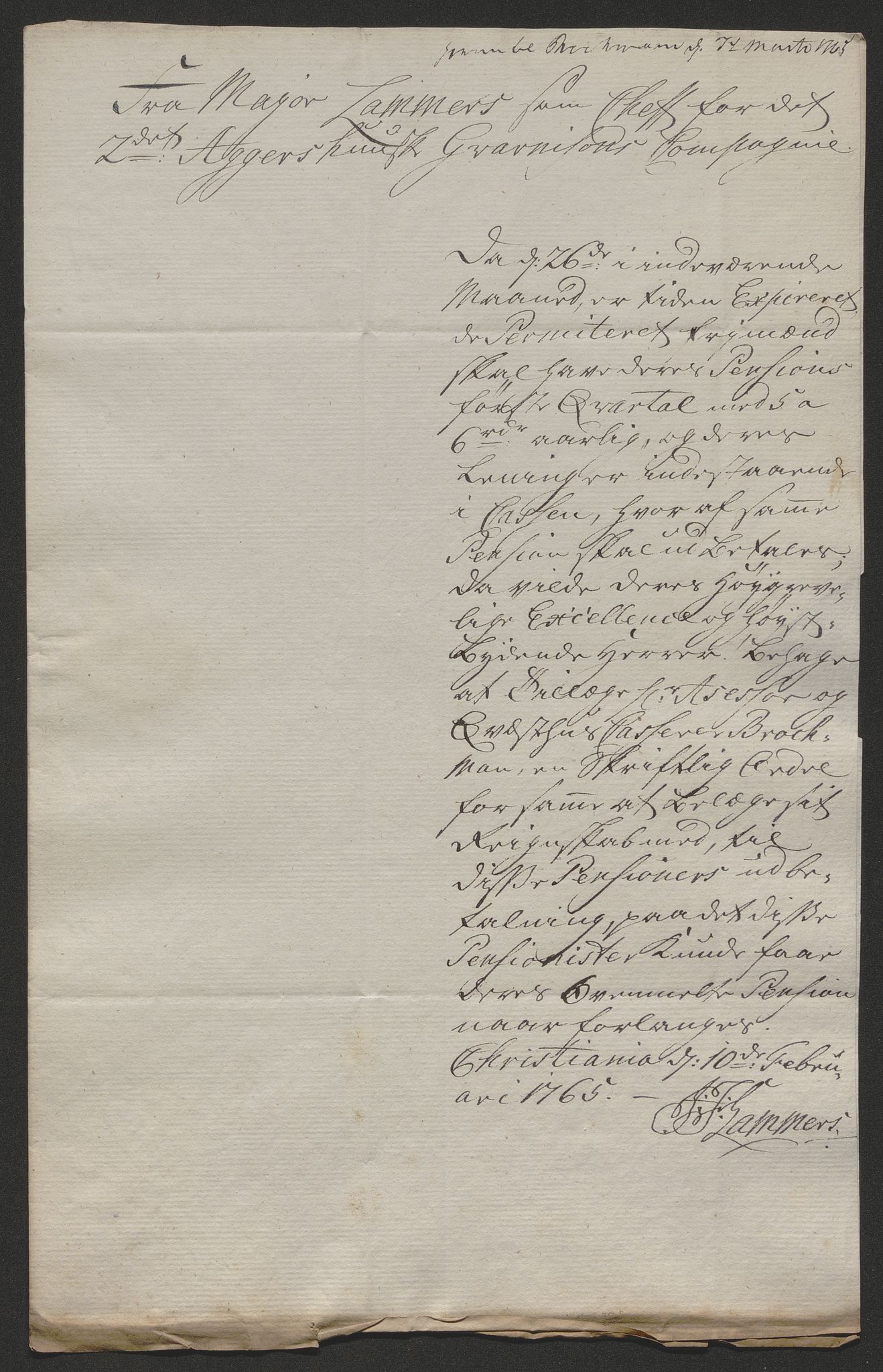 Forsvaret, Den norske kvesthuskasse/krigshospitalkasse, AV/RA-RAFA-1887/F/Fa/L0023: Ansøkninger om pensjon, pengelån m.v., 1765, s. 41