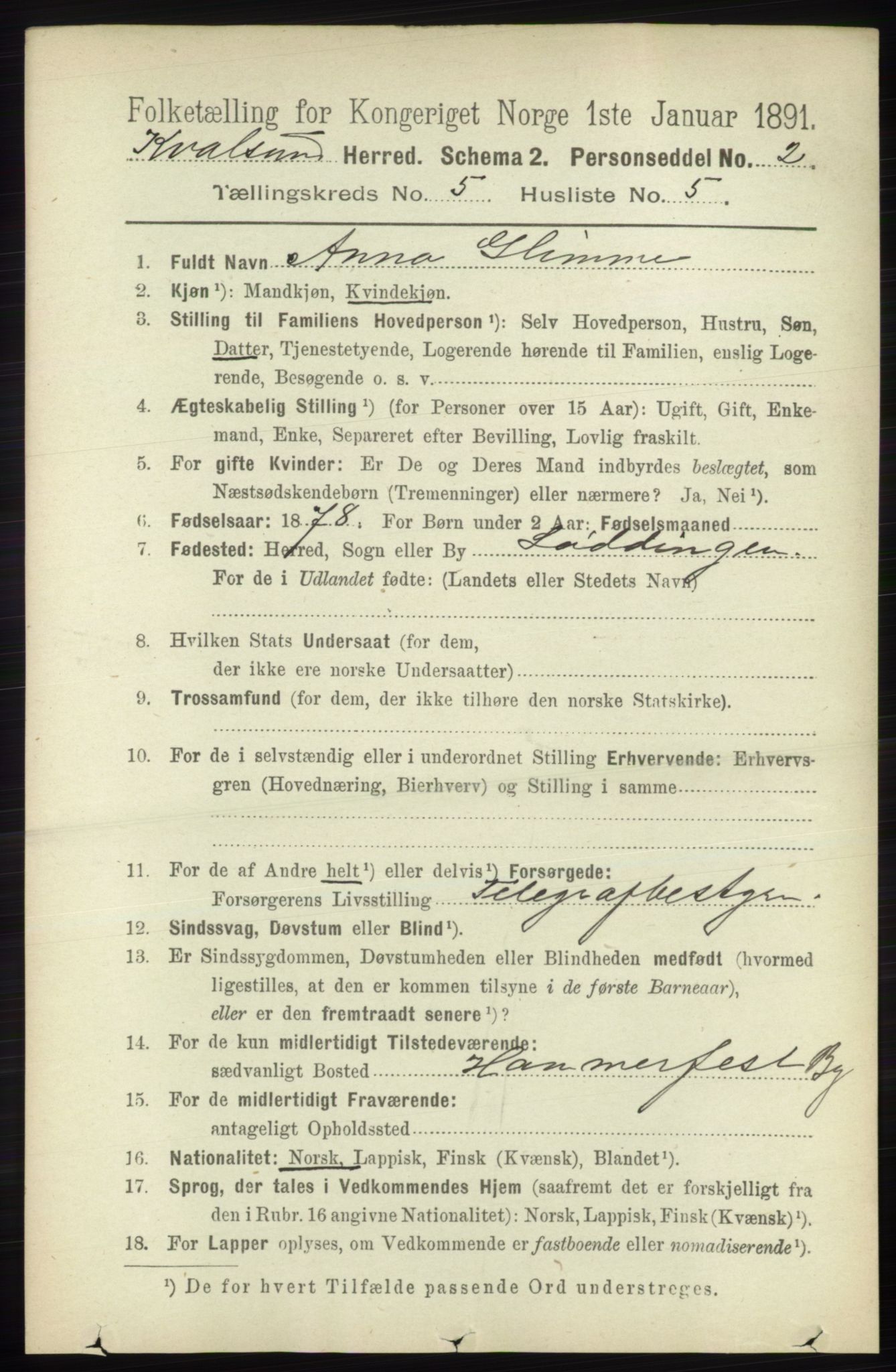 RA, Folketelling 1891 for 2017 Kvalsund herred, 1891, s. 543