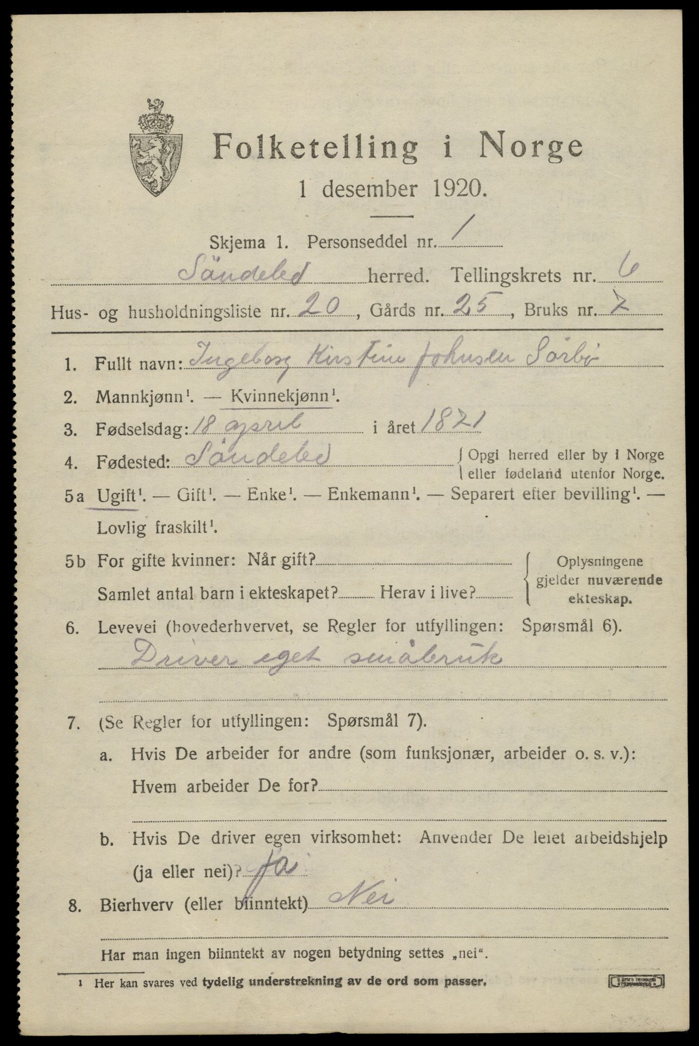 SAK, Folketelling 1920 for 0913 Søndeled herred, 1920, s. 3915