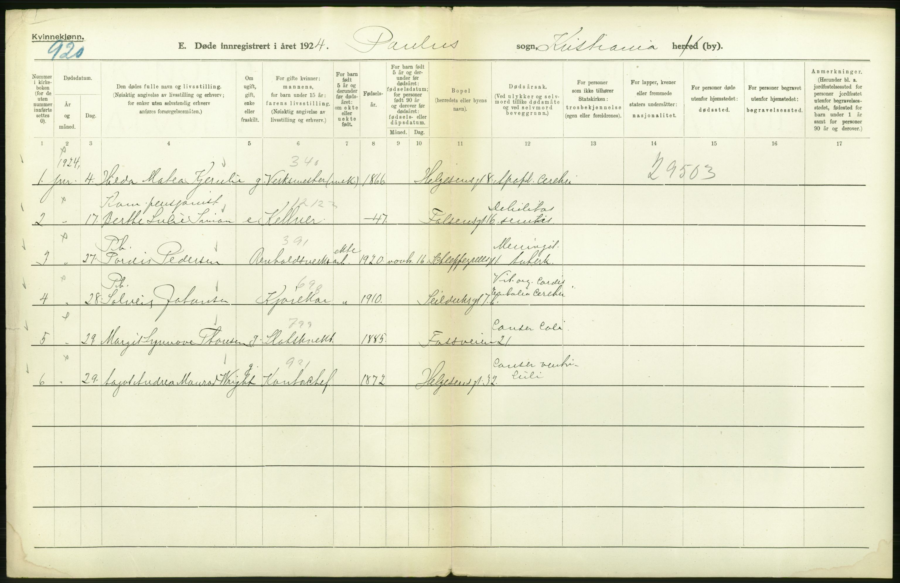 Statistisk sentralbyrå, Sosiodemografiske emner, Befolkning, RA/S-2228/D/Df/Dfc/Dfcd/L0009: Kristiania: Døde kvinner, dødfødte, 1924, s. 238