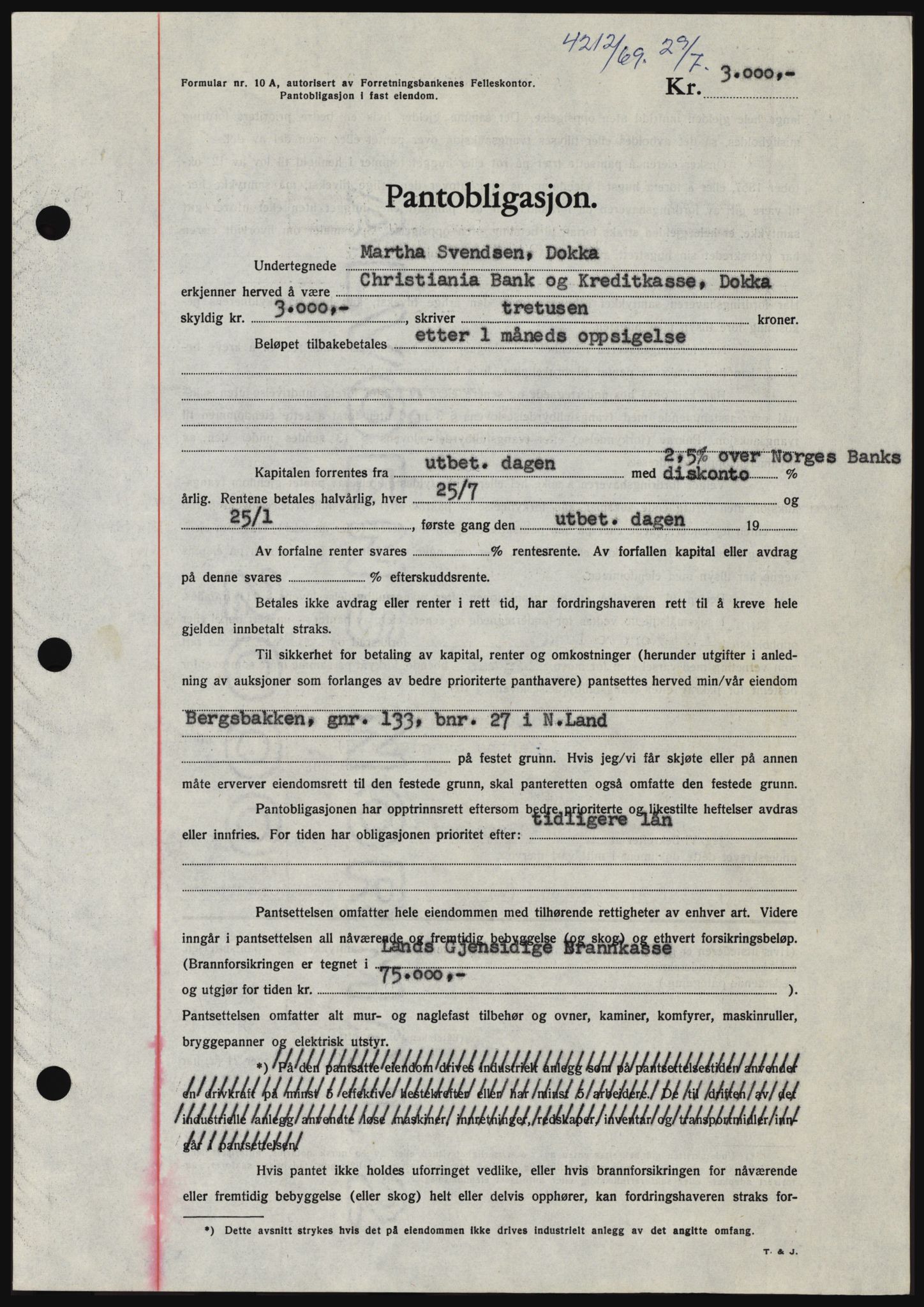 Hadeland og Land tingrett, SAH/TING-010/H/Hb/Hbc/L0074: Pantebok nr. B74, 1969-1969, Dagboknr: 4212/1969