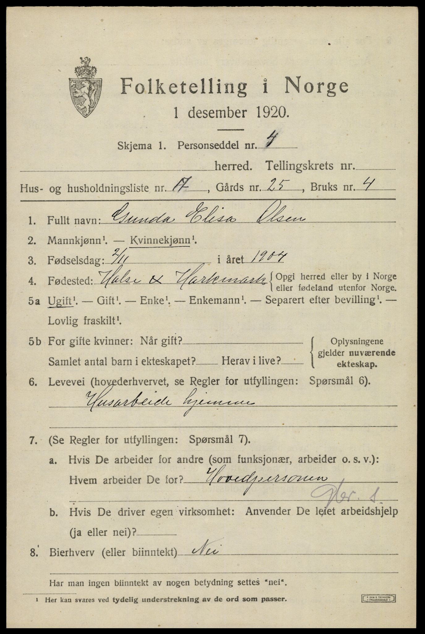 SAK, Folketelling 1920 for 1019 Halse og Harkmark herred, 1920, s. 3006