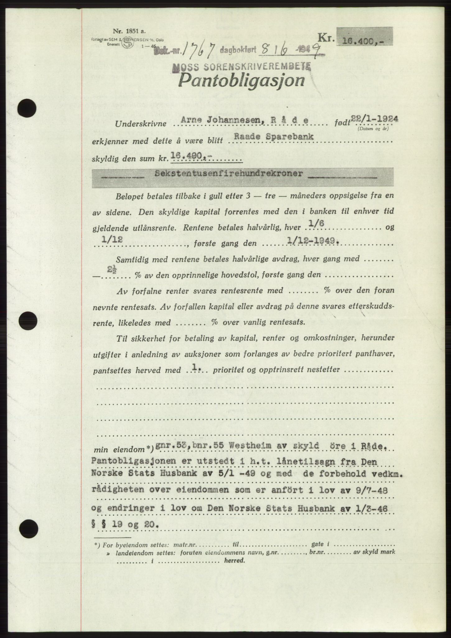 Moss sorenskriveri, SAO/A-10168: Pantebok nr. B22, 1949-1949, Dagboknr: 1767/1949