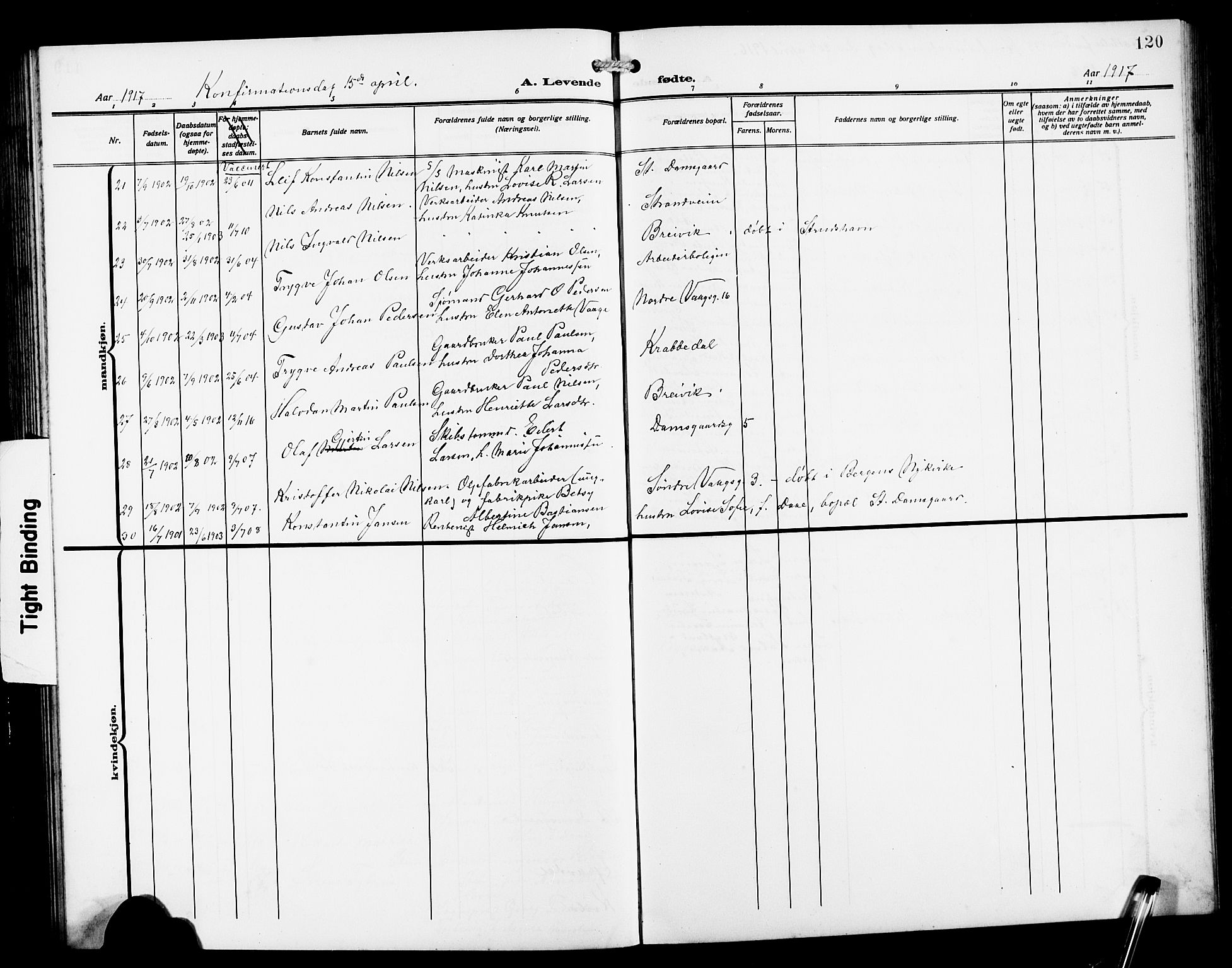 Laksevåg Sokneprestembete, AV/SAB-A-76501/H/Ha/Hab/Haba/L0005: Klokkerbok nr. A 5, 1910-1917, s. 120