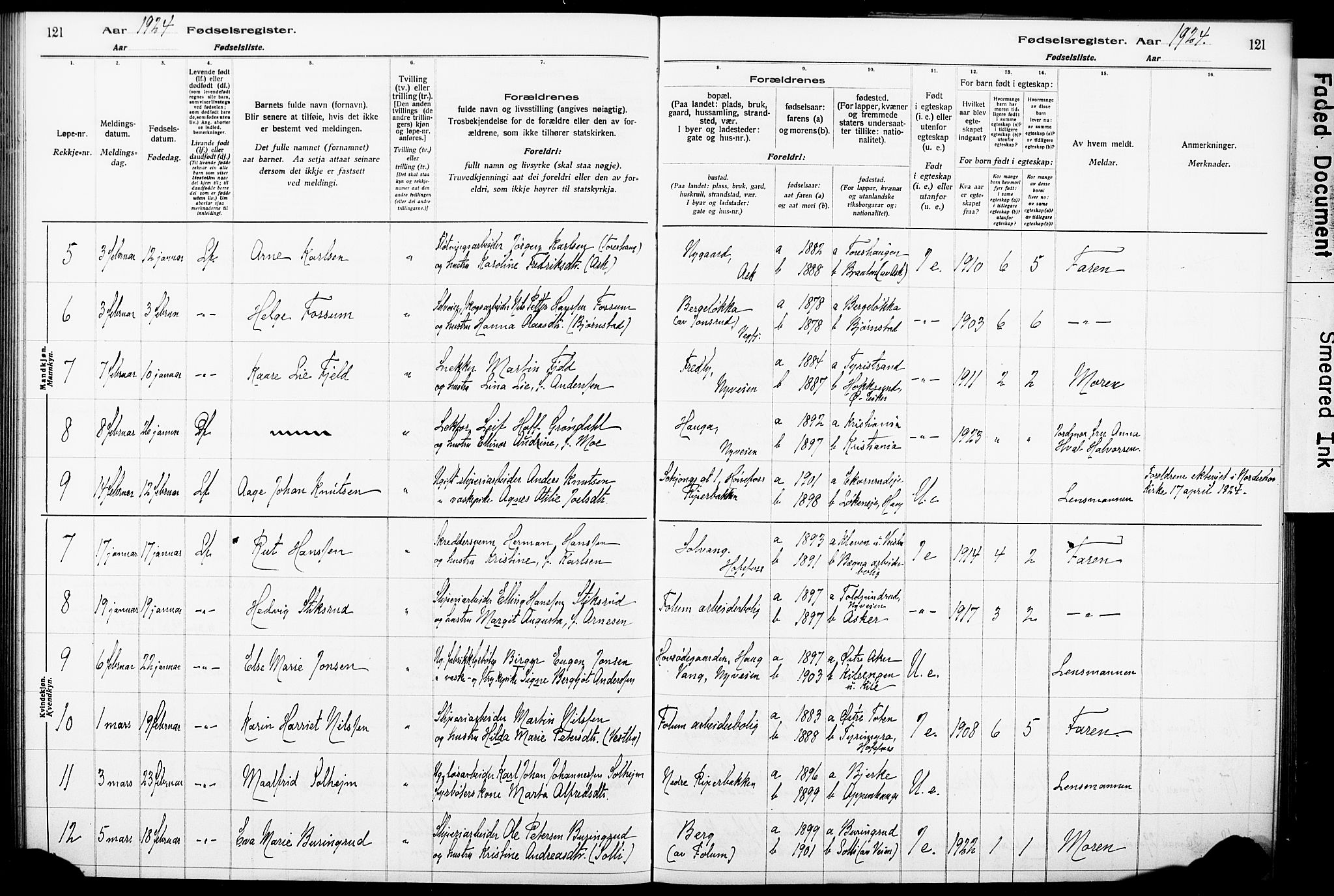 Norderhov kirkebøker, AV/SAKO-A-237/J/Ja/L0001: Fødselsregister nr. 1, 1916-1930, s. 121