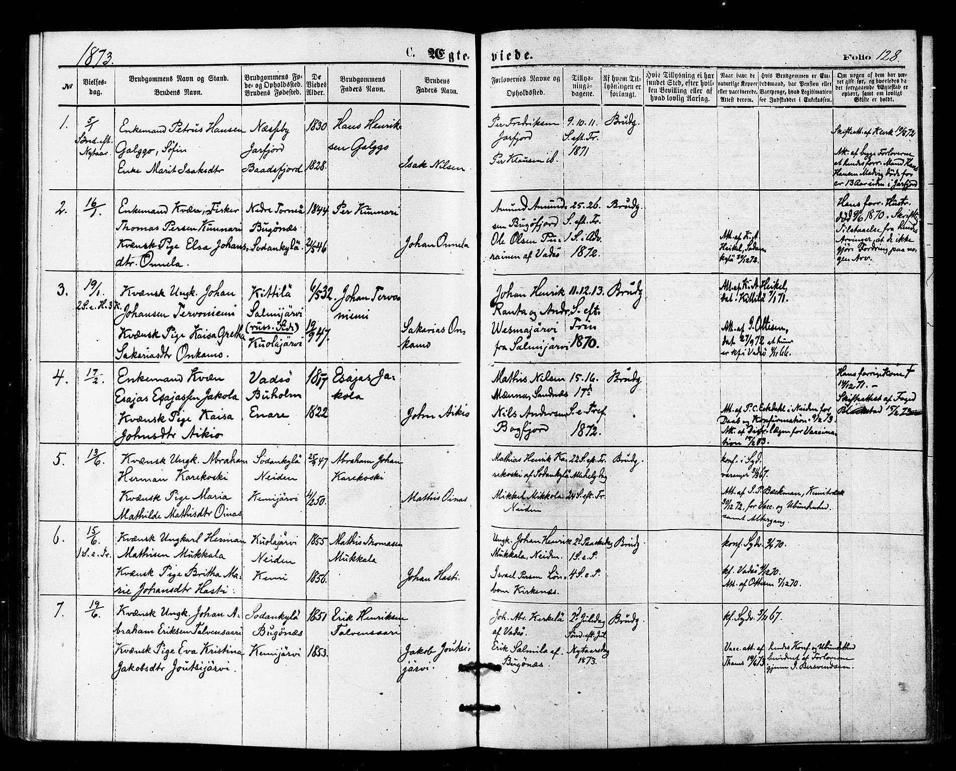 Sør-Varanger sokneprestkontor, AV/SATØ-S-1331/H/Ha/L0002kirke: Ministerialbok nr. 2, 1873-1877, s. 128
