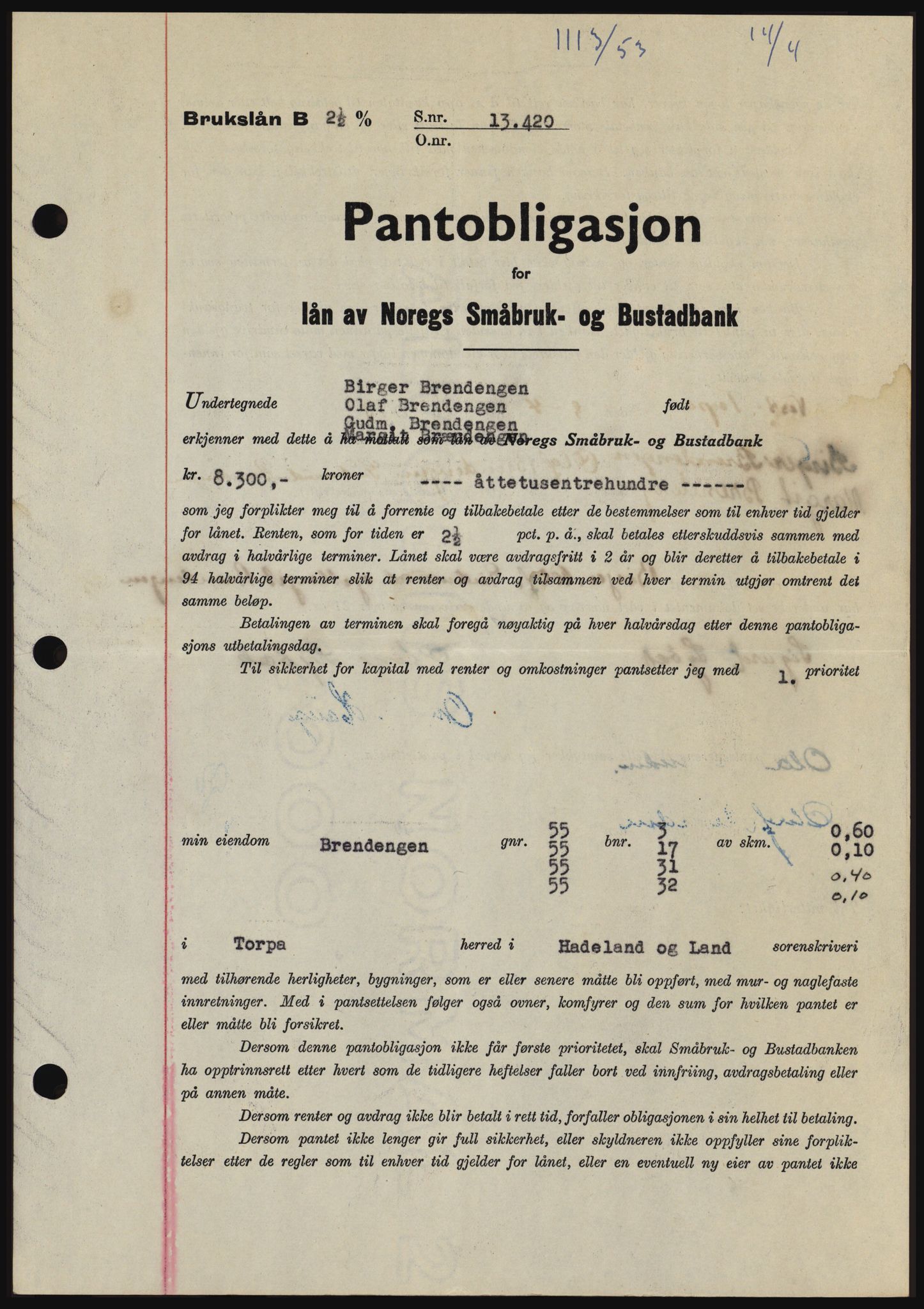 Hadeland og Land tingrett, SAH/TING-010/H/Hb/Hbc/L0026: Pantebok nr. B26, 1953-1953, Dagboknr: 1113/1953