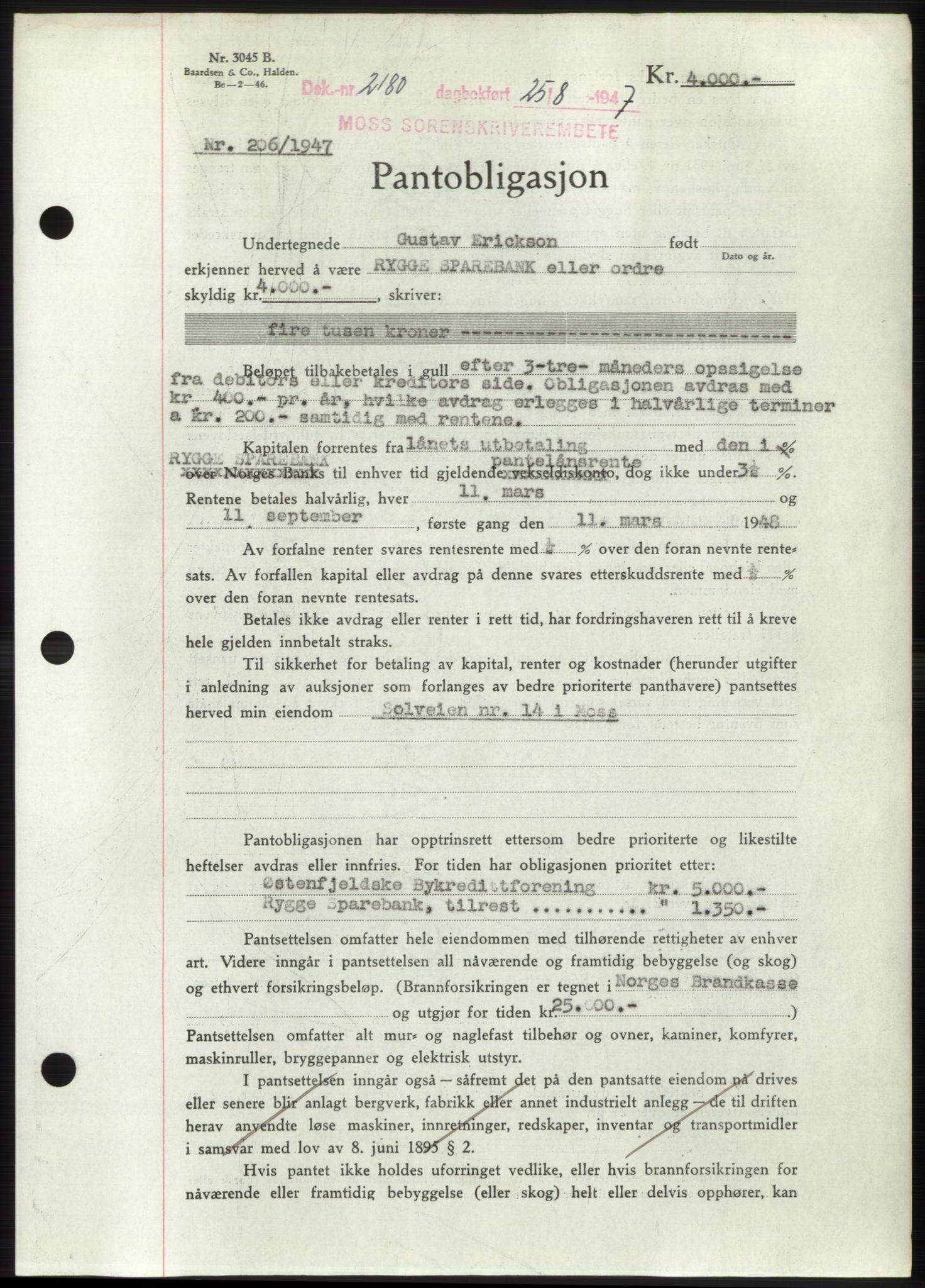 Moss sorenskriveri, SAO/A-10168: Pantebok nr. B17, 1947-1947, Dagboknr: 2180/1947