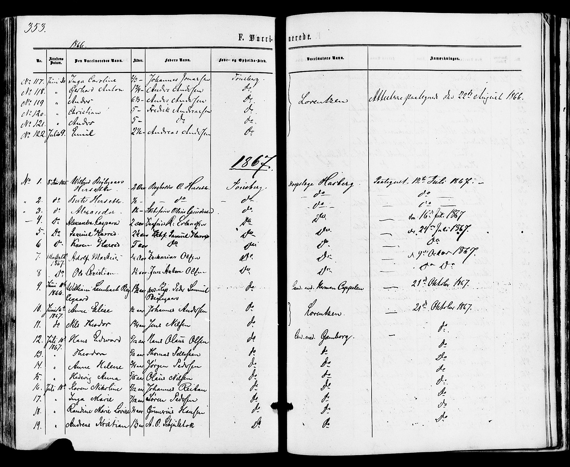 Tønsberg kirkebøker, AV/SAKO-A-330/F/Fa/L0009: Ministerialbok nr. I 9, 1865-1873, s. 353