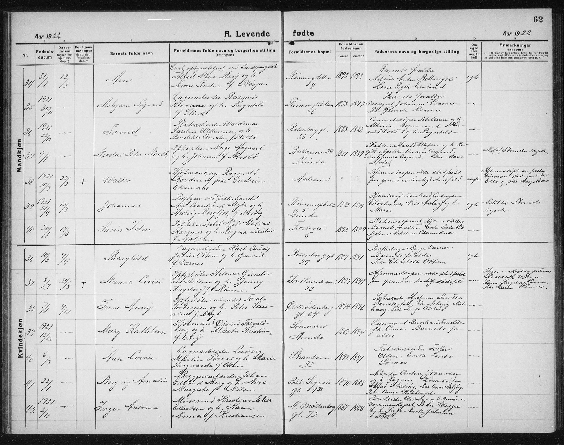 Ministerialprotokoller, klokkerbøker og fødselsregistre - Sør-Trøndelag, AV/SAT-A-1456/605/L0259: Klokkerbok nr. 605C06, 1920-1937, s. 62