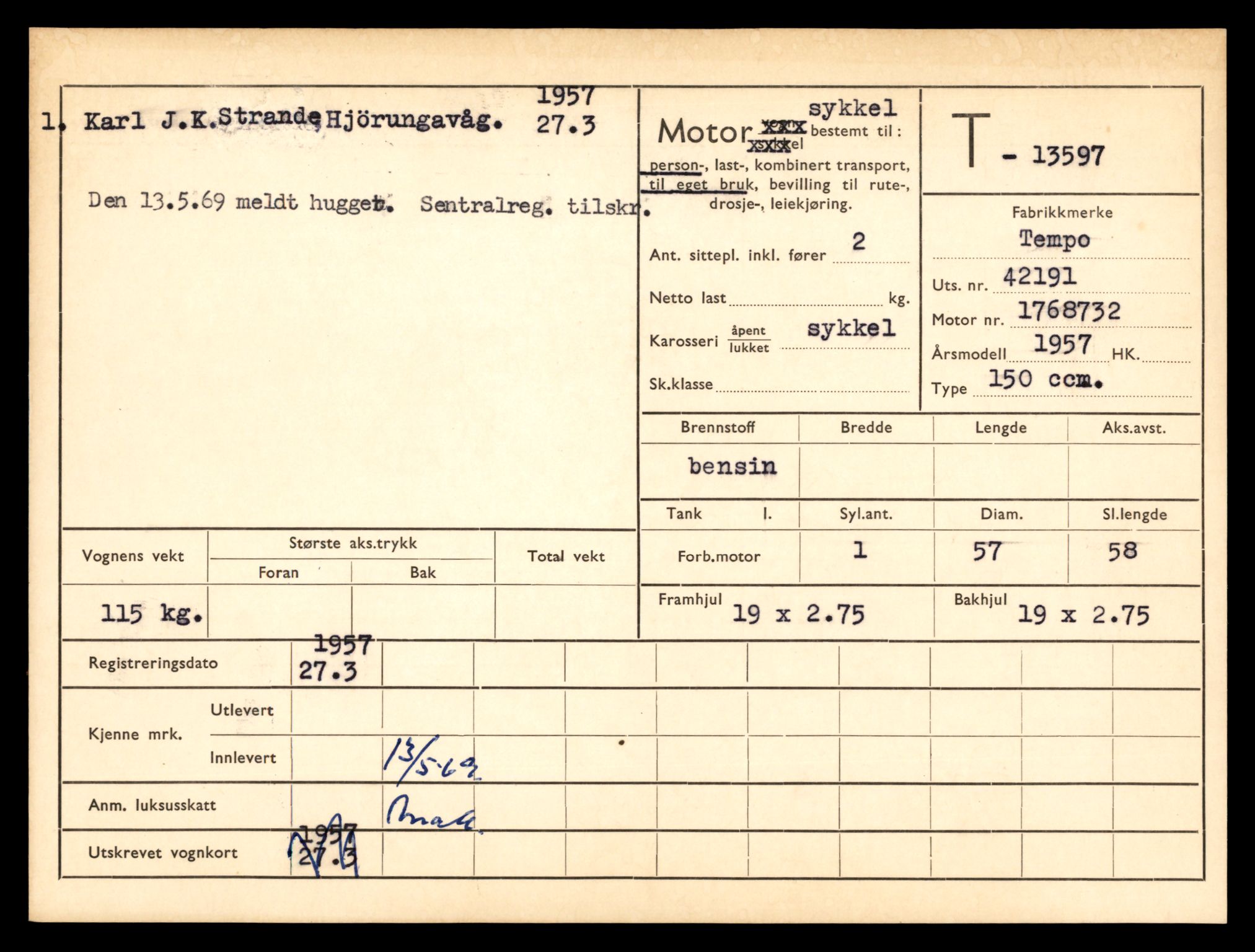 Møre og Romsdal vegkontor - Ålesund trafikkstasjon, AV/SAT-A-4099/F/Fe/L0040: Registreringskort for kjøretøy T 13531 - T 13709, 1927-1998, s. 1186