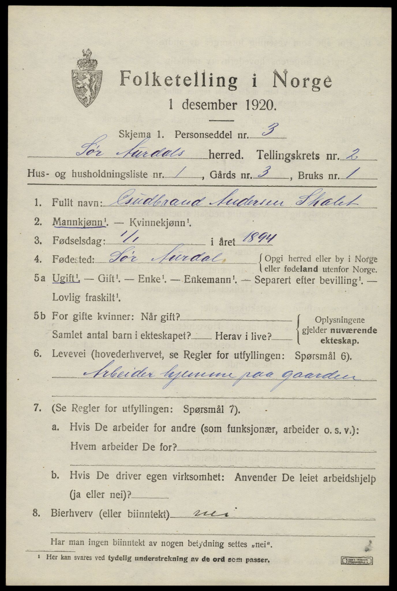 SAH, Folketelling 1920 for 0540 Sør-Aurdal herred, 1920, s. 1707