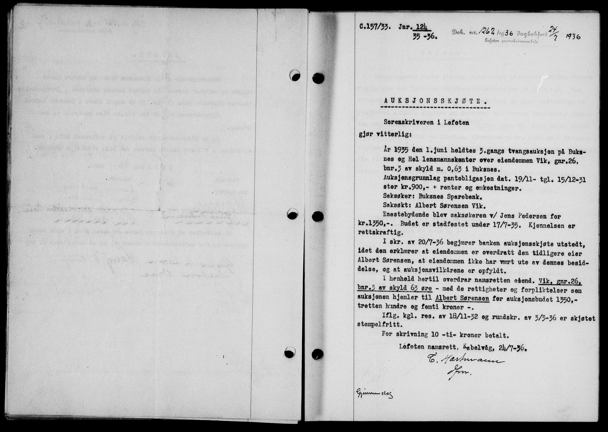 Lofoten sorenskriveri, SAT/A-0017/1/2/2C/L0001a: Pantebok nr. 1a, 1936-1937, Dagboknr: 1262/1936