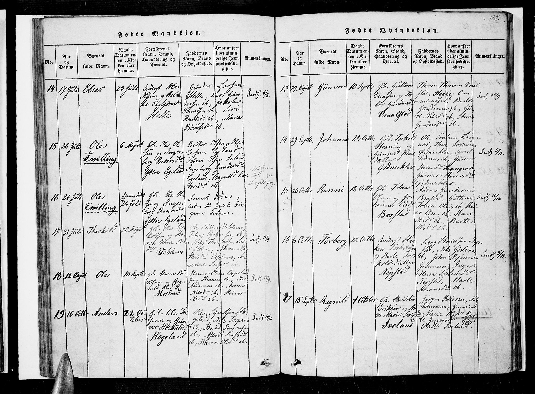 Nord-Audnedal sokneprestkontor, AV/SAK-1111-0032/F/Fa/Faa/L0001: Ministerialbok nr. A 1, 1815-1856, s. 92