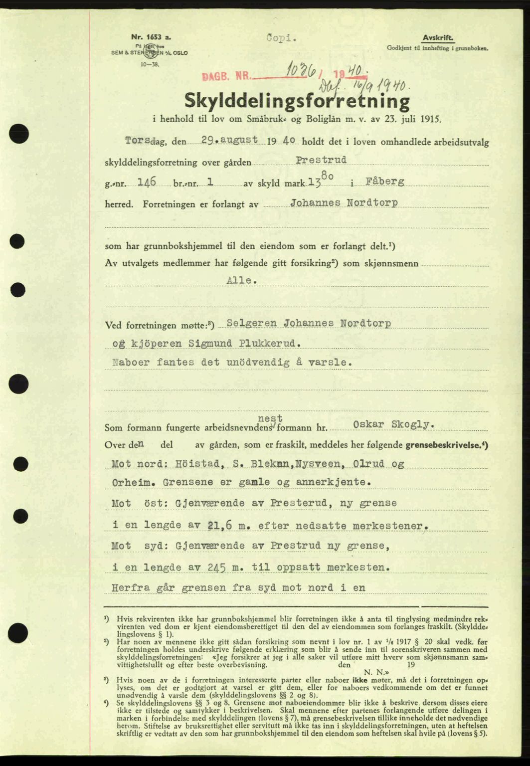 Sør-Gudbrandsdal tingrett, SAH/TING-004/H/Hb/Hbd/L0008: Pantebok nr. A8, 1940-1941, Dagboknr: 1036/1940