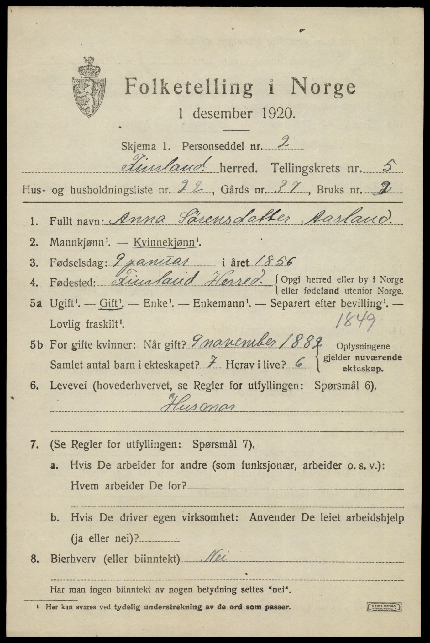 SAK, Folketelling 1920 for 1023 Finsland herred, 1920, s. 1982