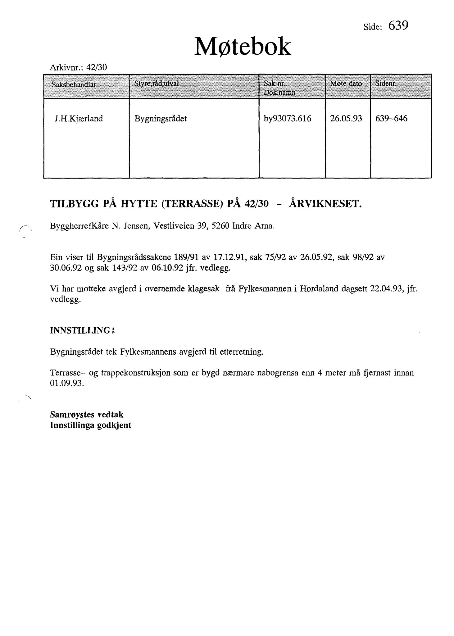 Kvinnherad kommune. Bygningsrådet , IKAH/1224-511/A/Aa/L0085: Møtebok for Kvinnherad bygningsråd, 1993