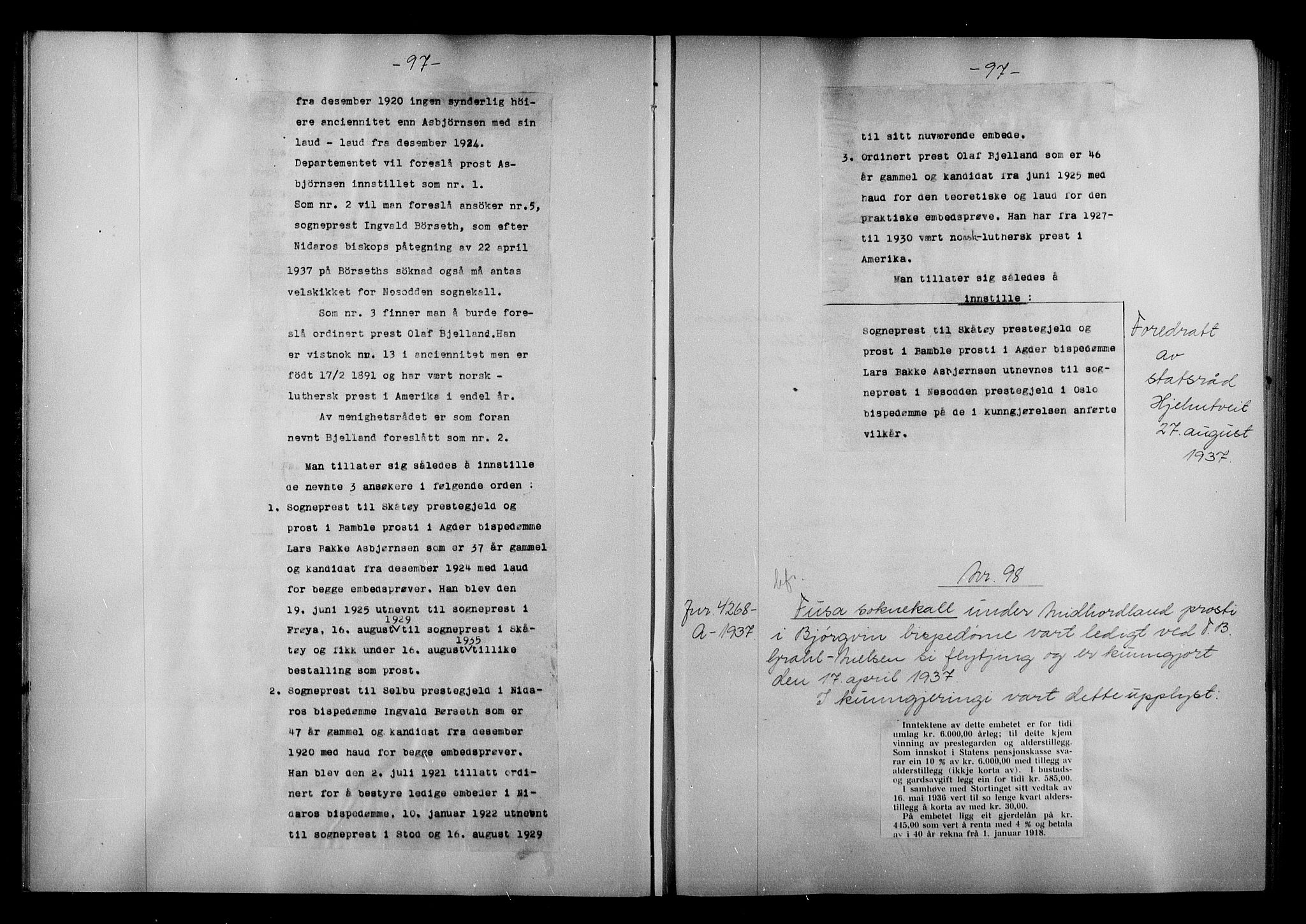 Kirke- og undervisningsdepartementet, Kontoret  for kirke og geistlighet A, AV/RA-S-1007/A/Aa/L0357: Referatprotokoll m/register, bd. 2. Ref.nr. 94-181, 1937
