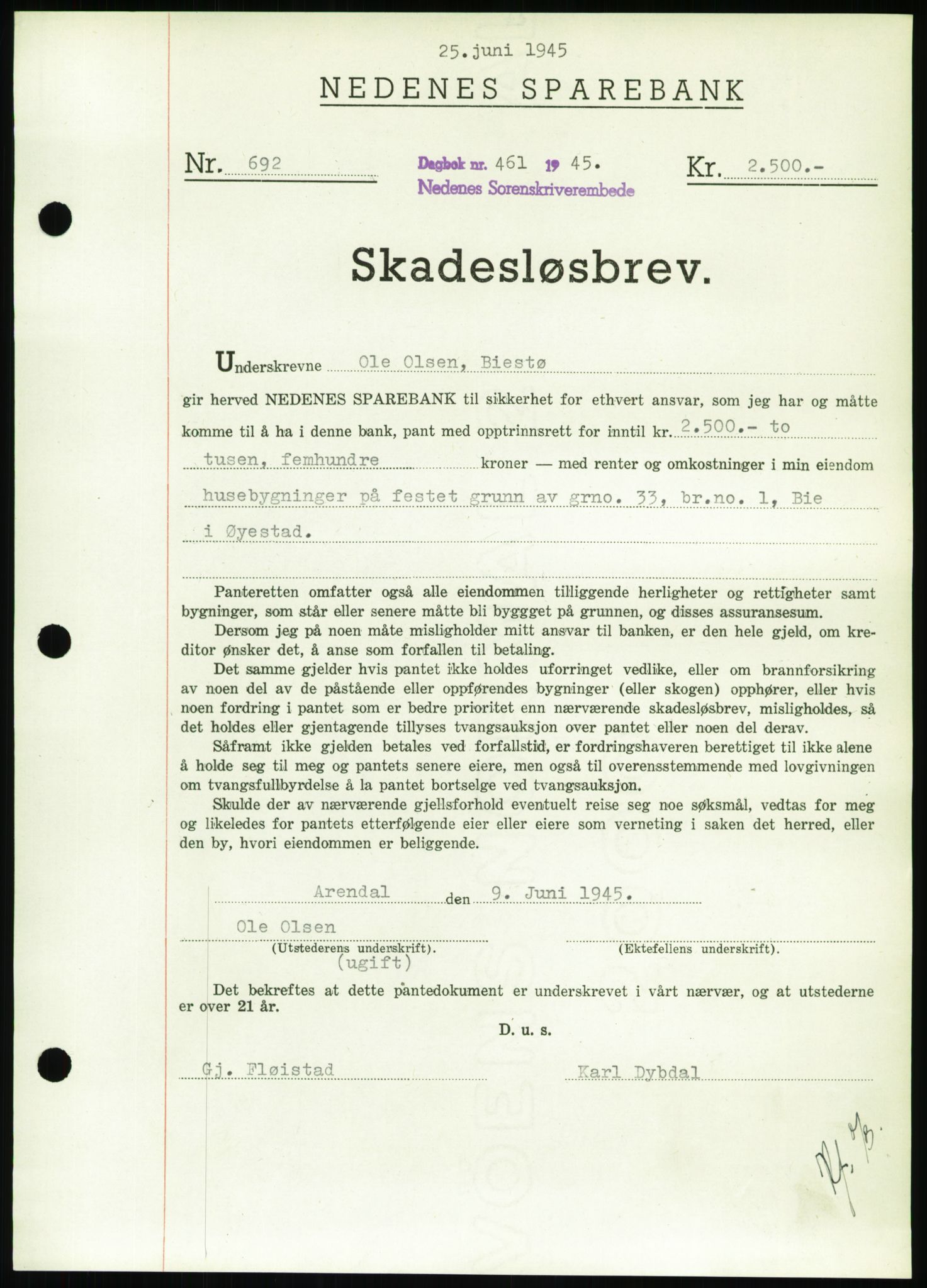 Nedenes sorenskriveri, SAK/1221-0006/G/Gb/Gbb/L0002: Pantebok nr. II, 1942-1945, Dagboknr: 461/1945