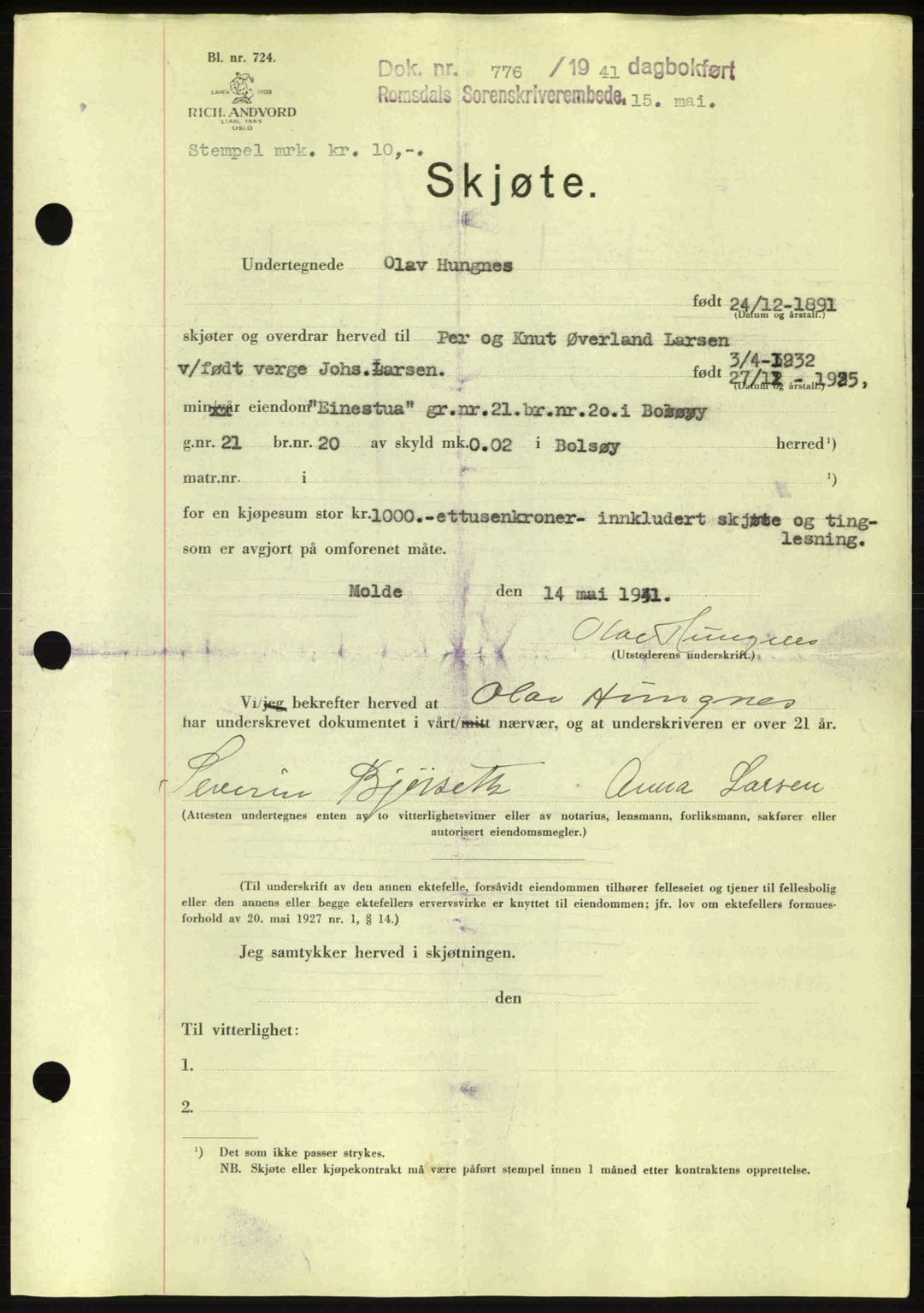Romsdal sorenskriveri, SAT/A-4149/1/2/2C: Pantebok nr. A9, 1940-1941, Dagboknr: 776/1941