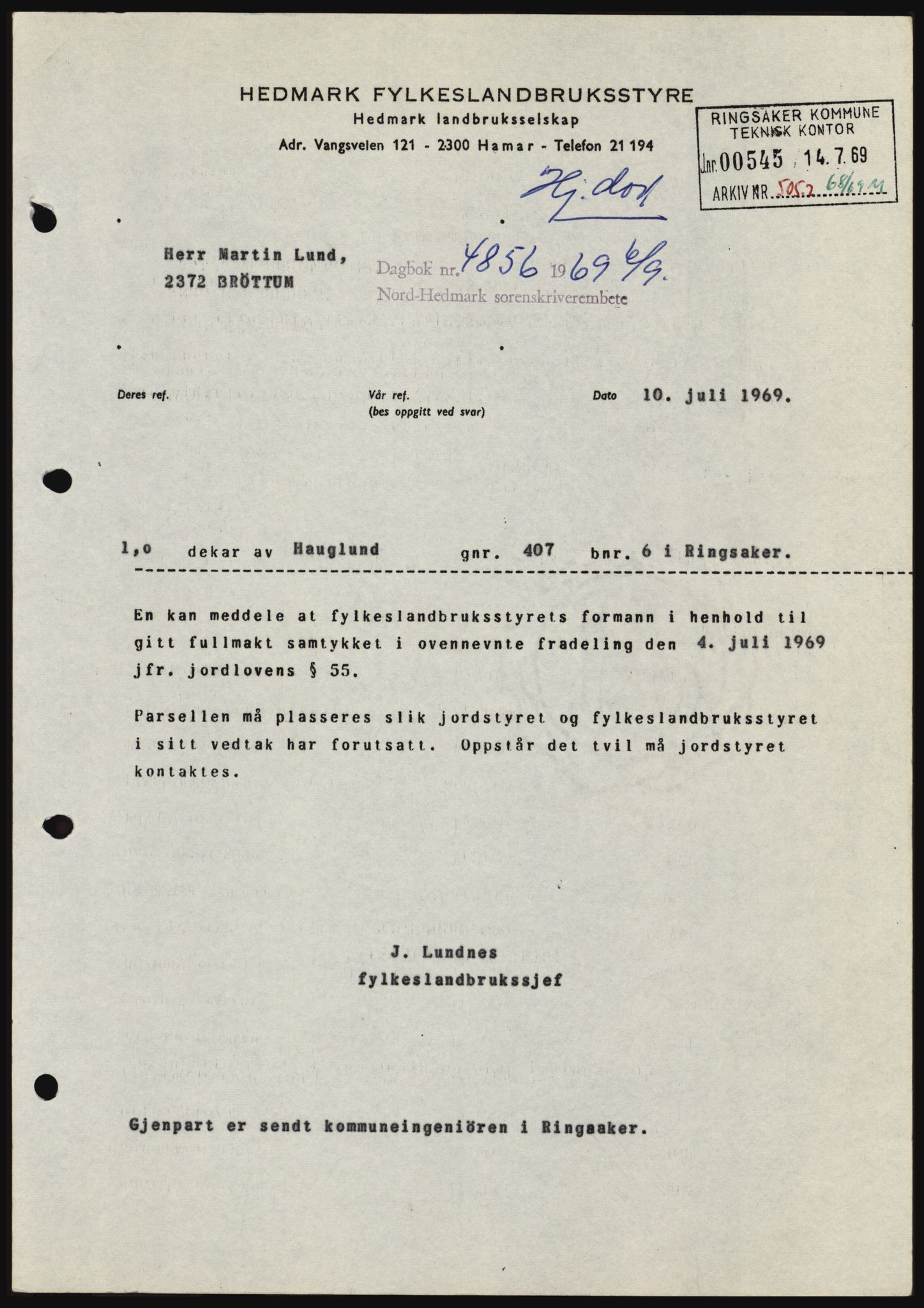 Nord-Hedmark sorenskriveri, SAH/TING-012/H/Hc/L0031: Pantebok nr. 31, 1969-1969, Dagboknr: 4856/1969