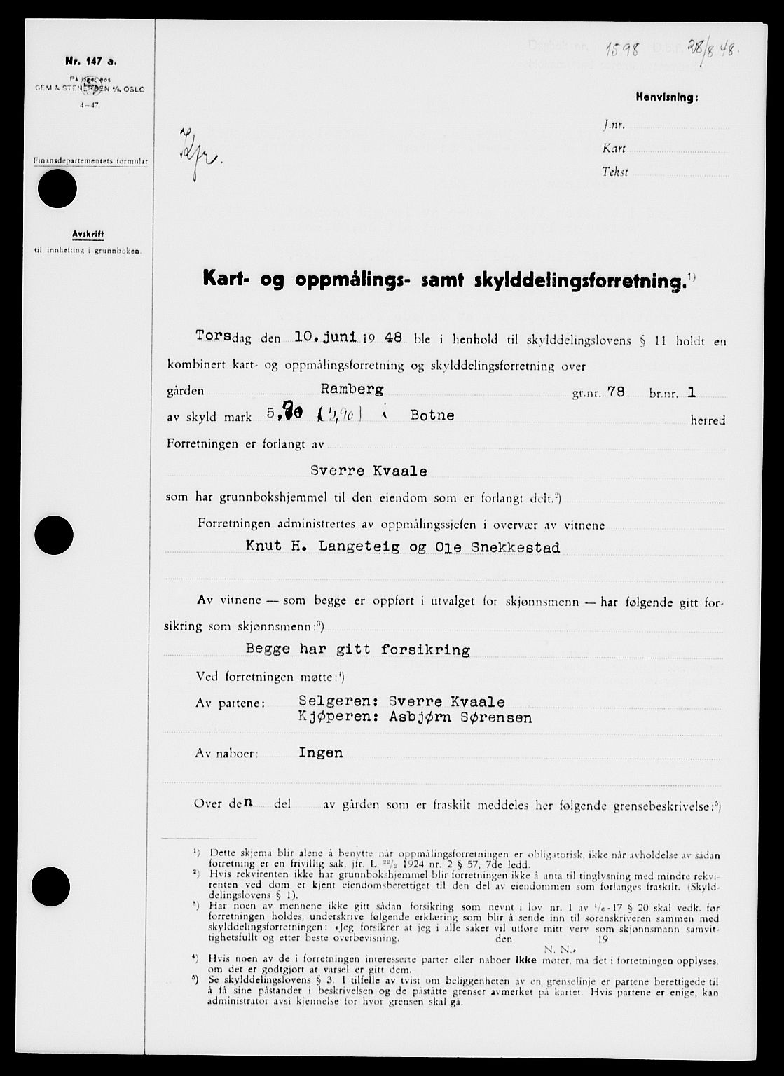 Holmestrand sorenskriveri, SAKO/A-67/G/Ga/Gaa/L0064: Pantebok nr. A-64, 1948-1948, Dagboknr: 1598/1948