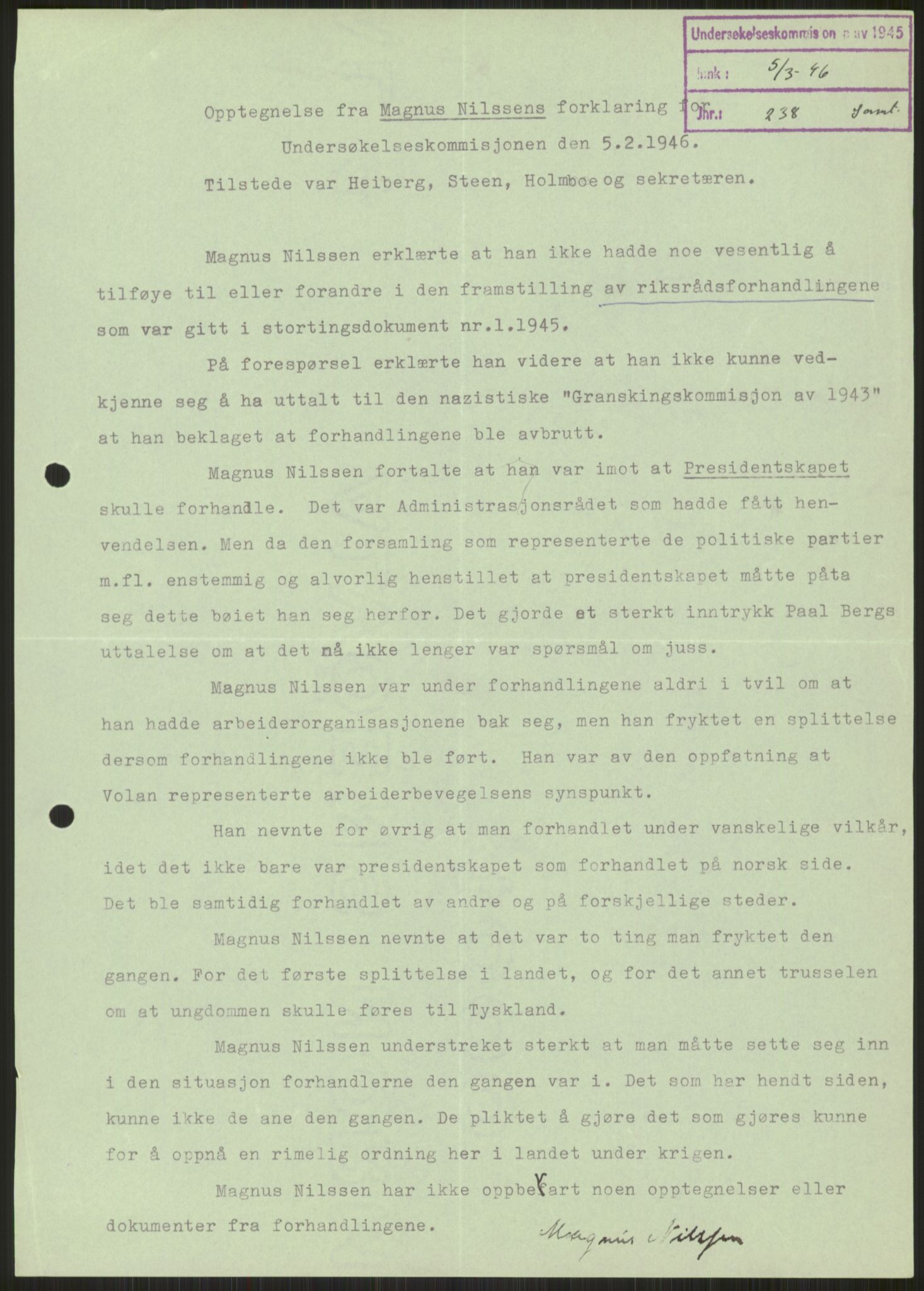 Undersøkelseskommisjonen av 1945, AV/RA-S-1566/D/Db/L0023: Regjeringskonferanse - Riksrådsforhandlingene, 1945-1947, s. 1275